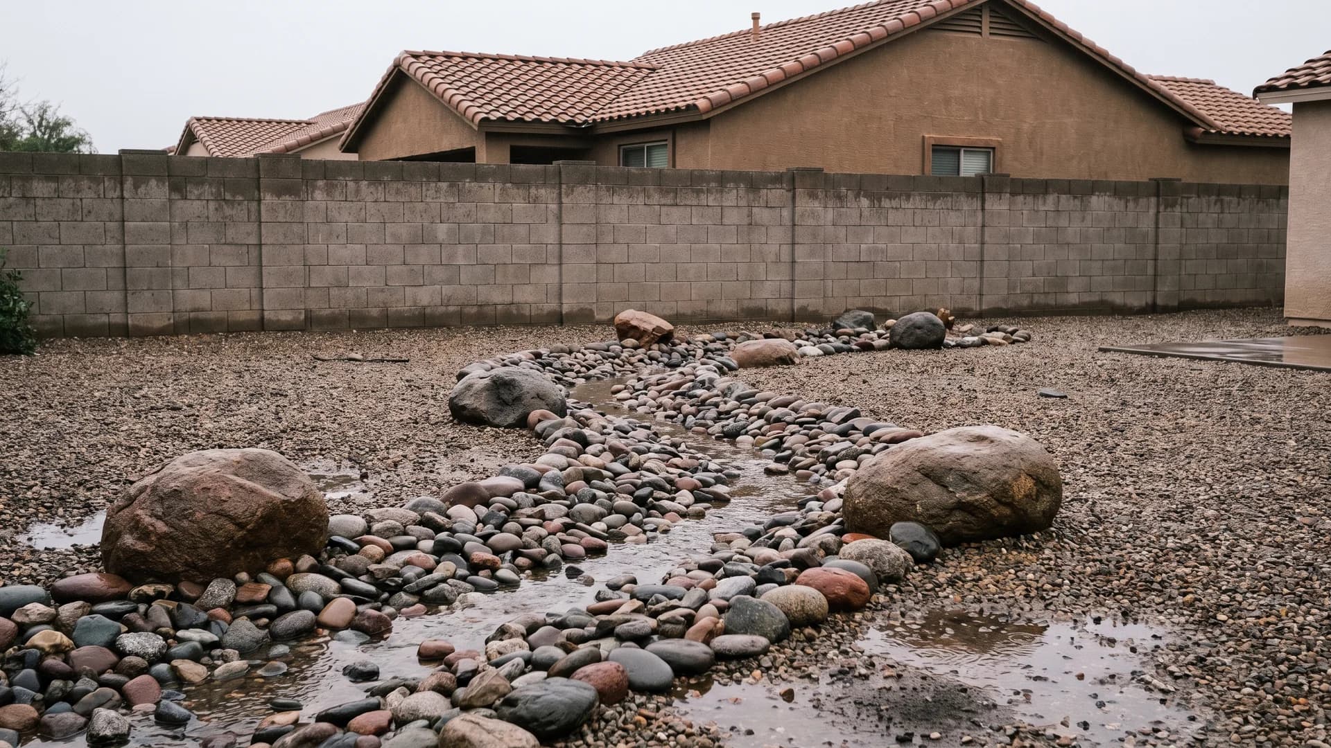 Dry creek bed of mixed stone curving through a gravel yard toward a low corner