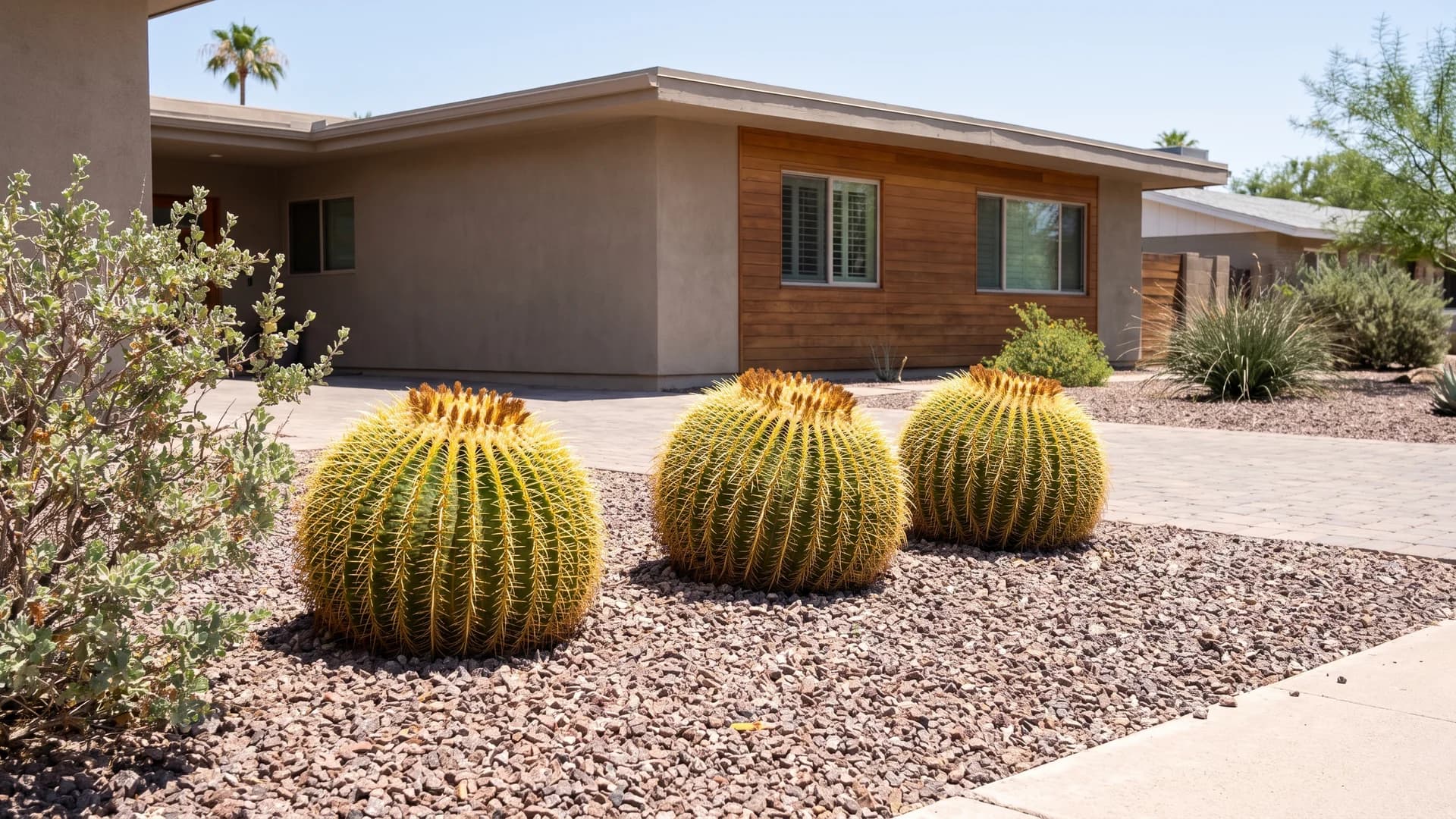 Three golden barrel cactus repeated in a gravel bed beside a modern desert home