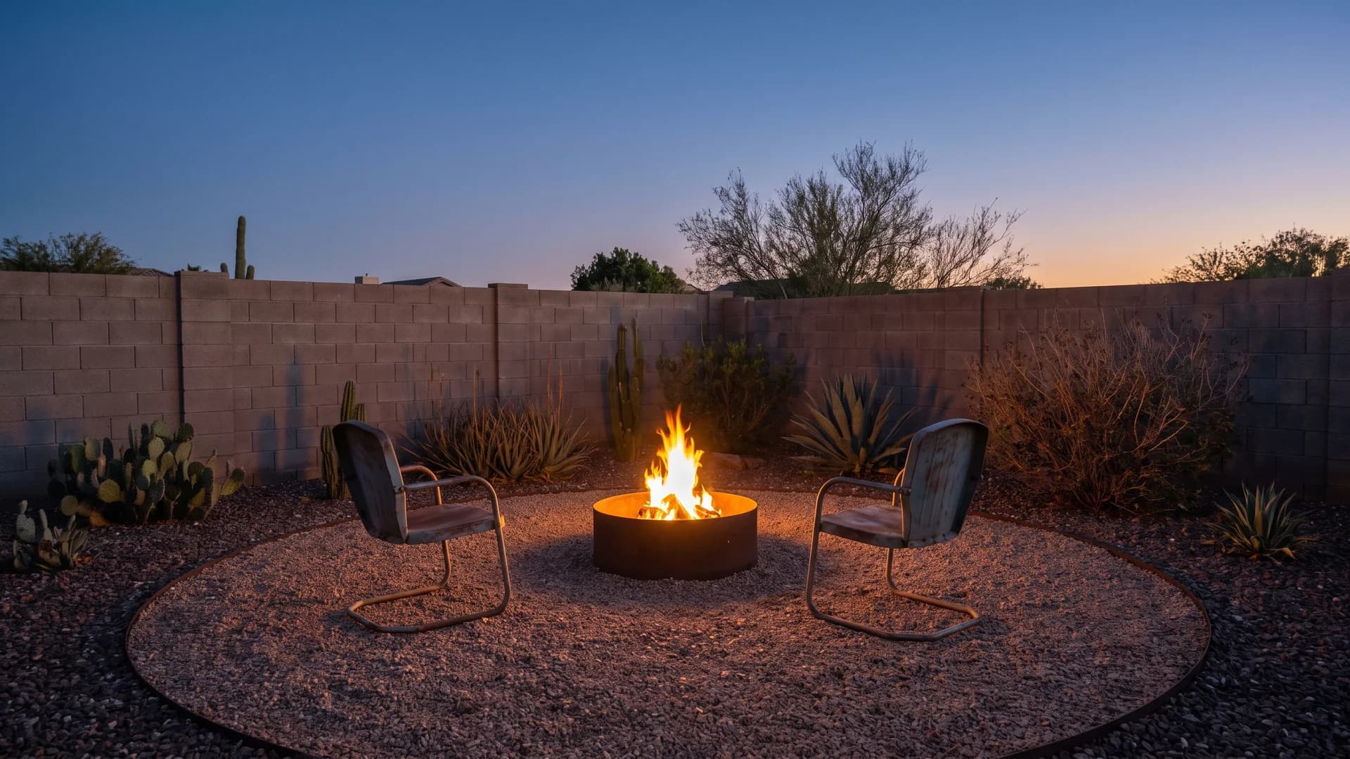 Gravel seating circle with a steel fire pit and chairs in a walled desert backyard