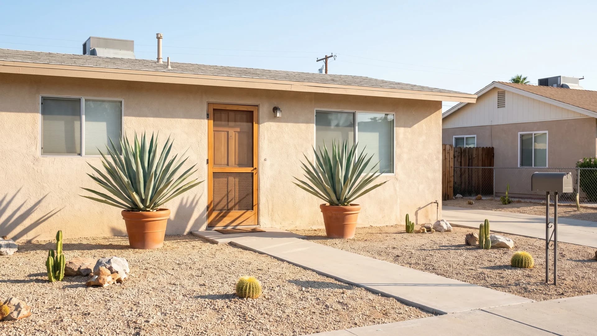 Two matched agaves in pots flanking the front entry of a stucco house