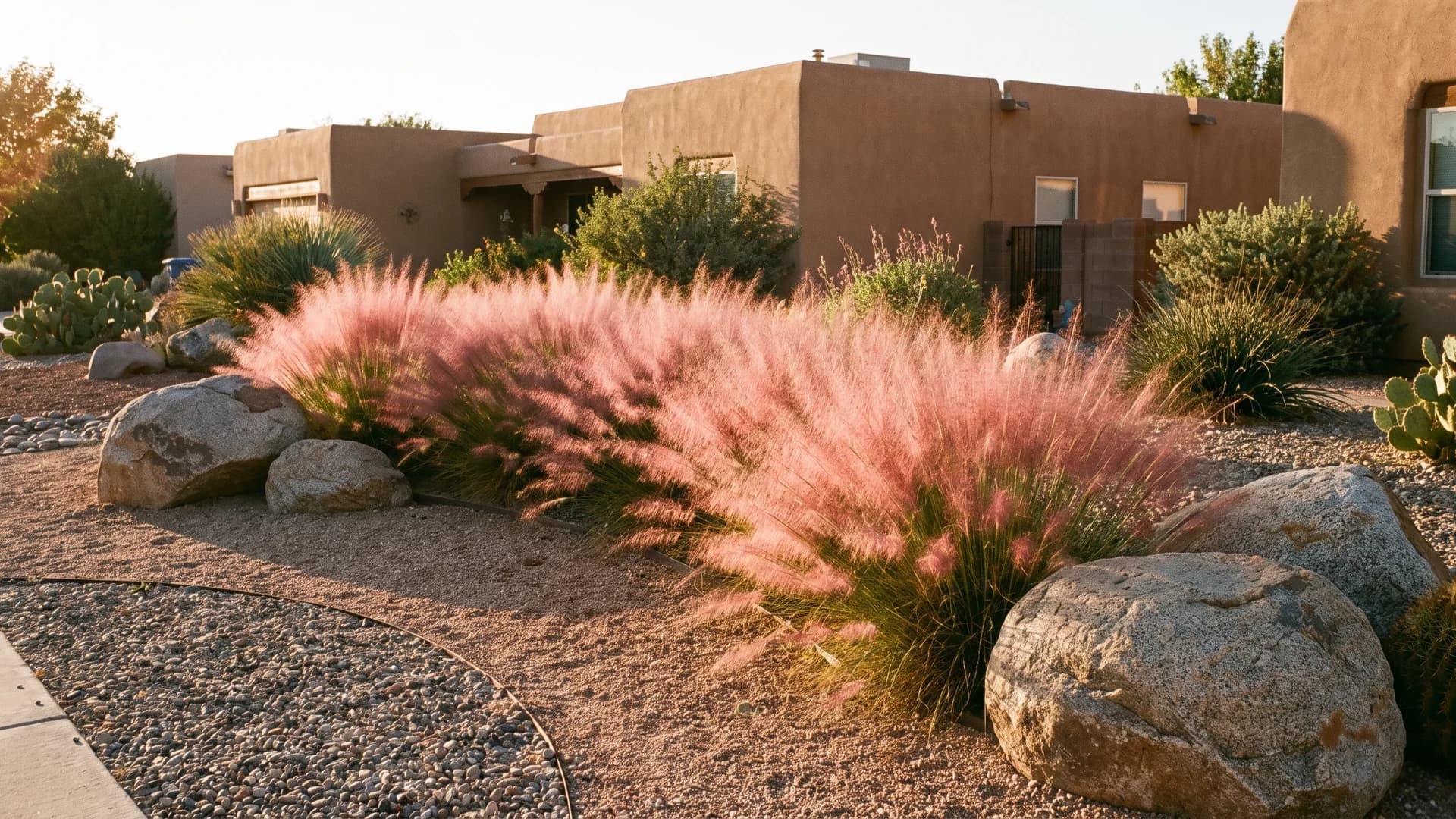 Pink muhly grass drifting between boulders and gravel in a desert yard