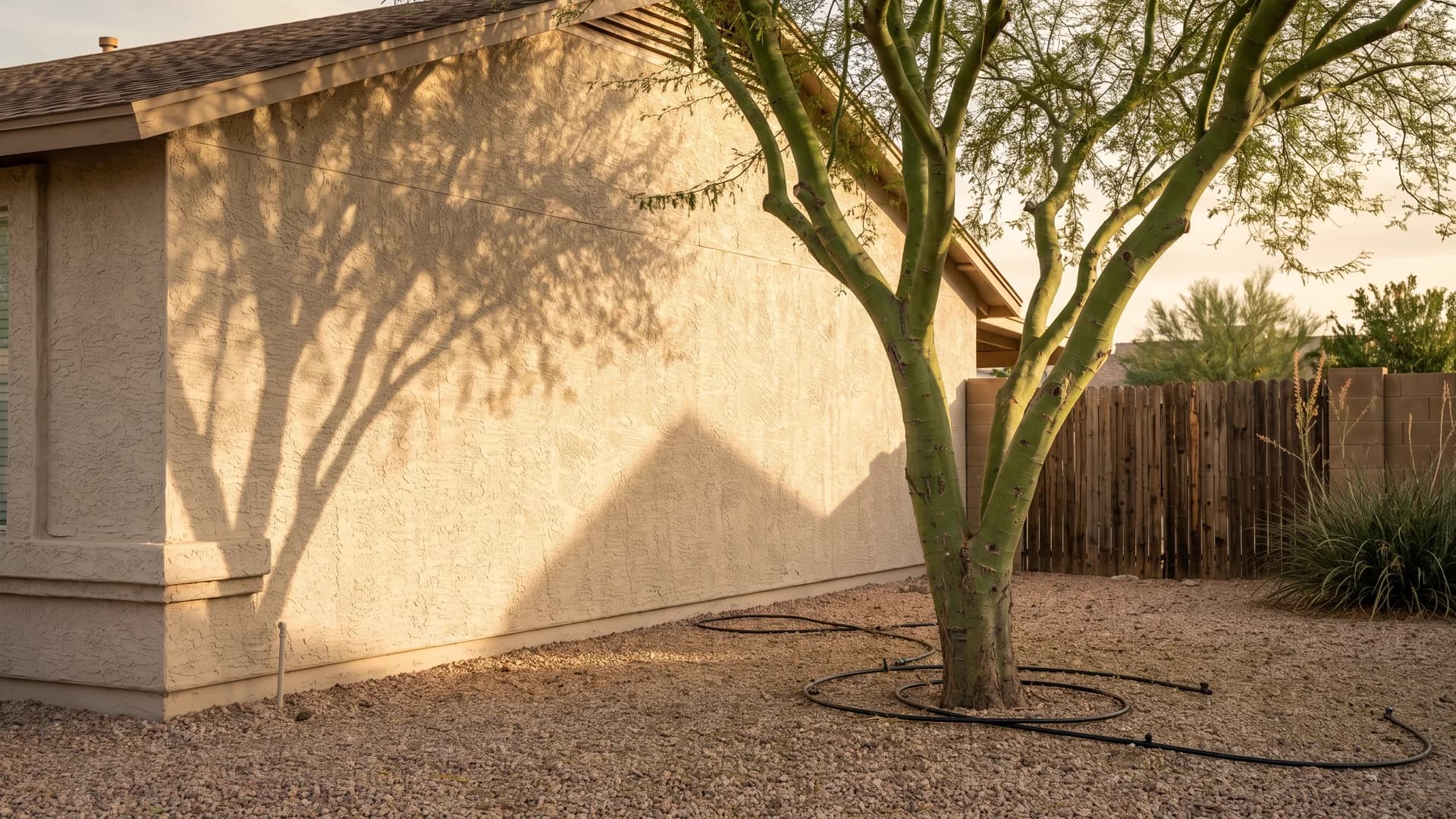 Desert Museum palo verde shading the west wall of a single-story stucco house