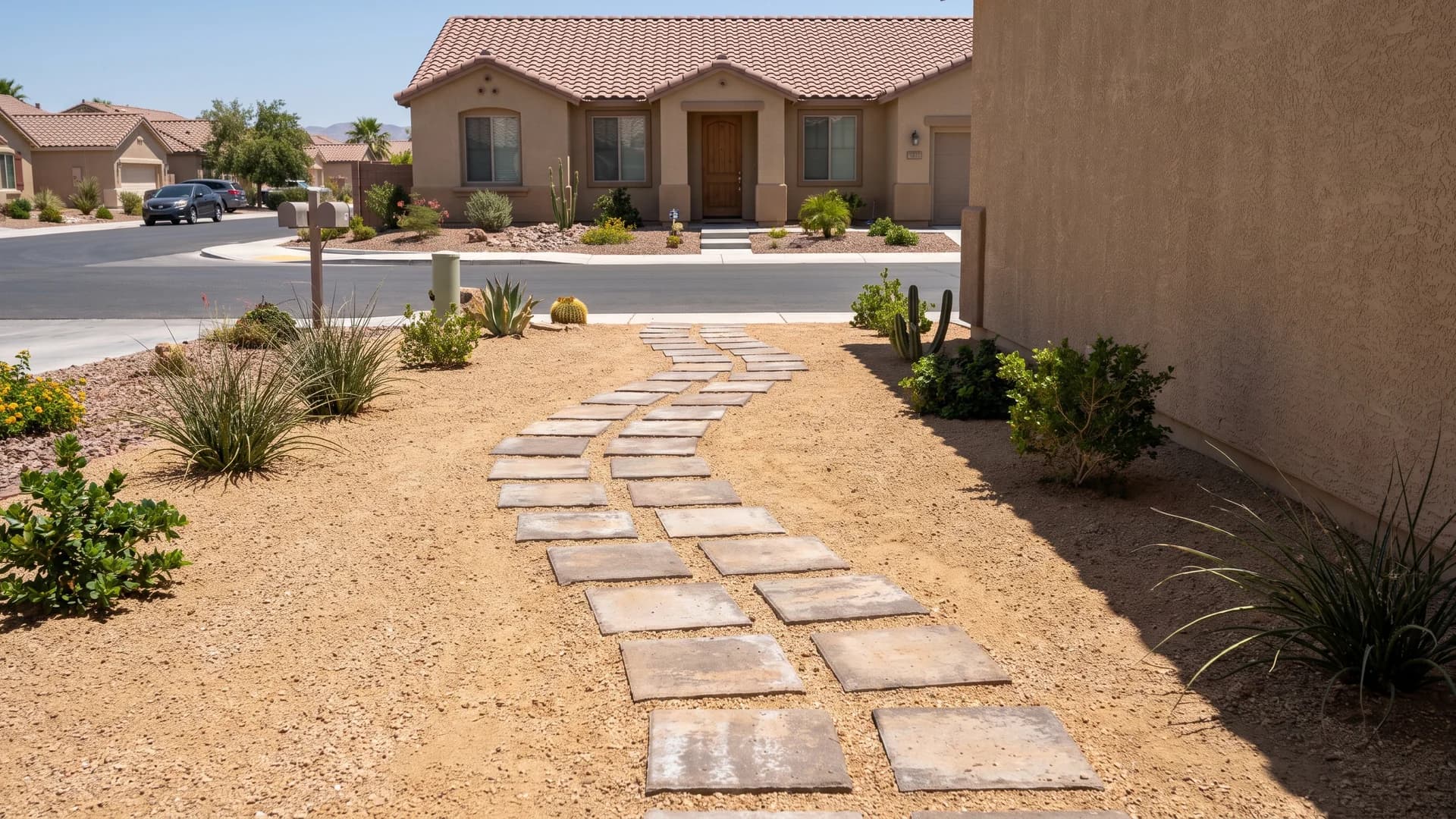Square pavers spaced as stepping stones through decomposed granite to a front door