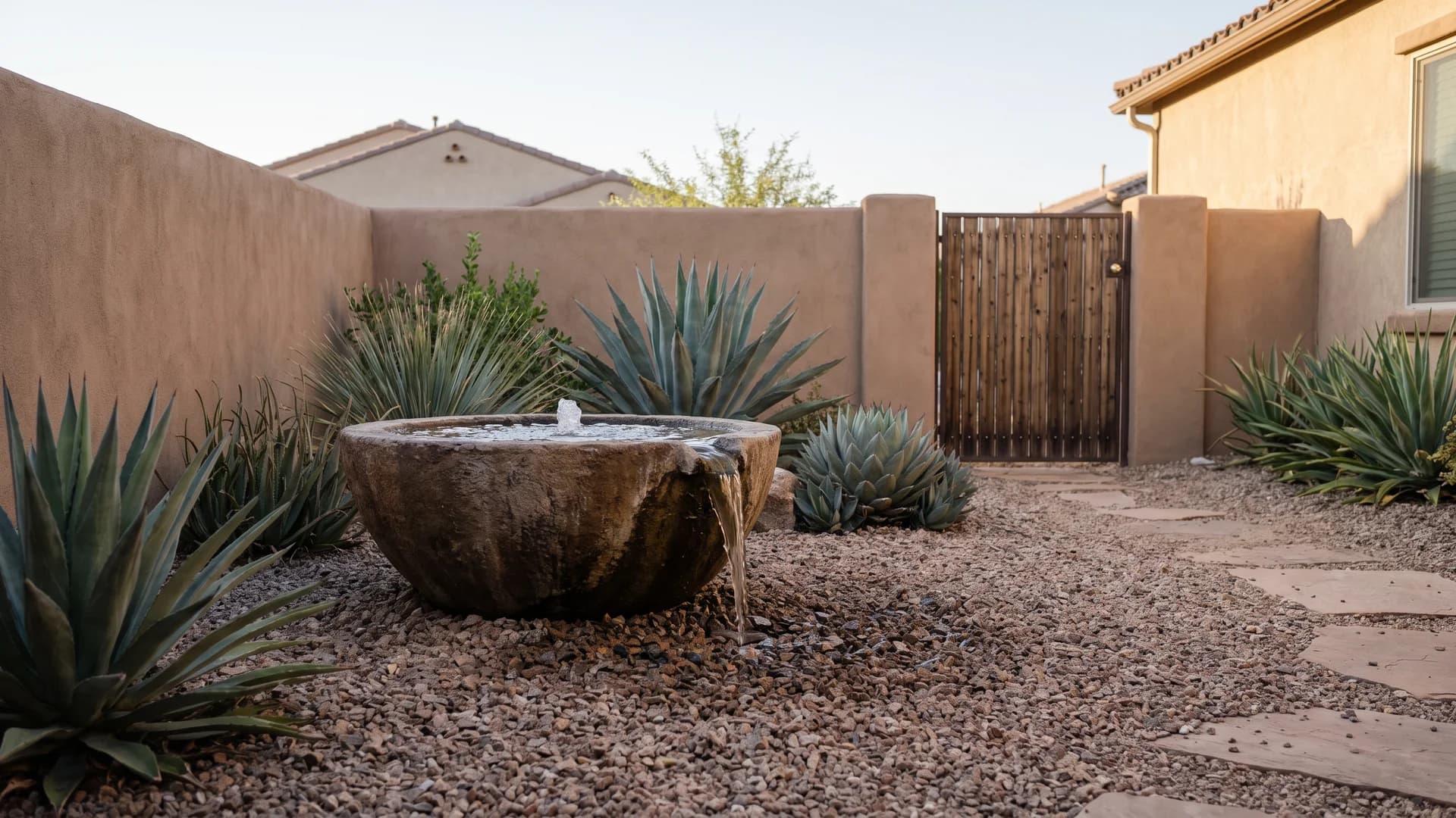 Recirculating stone fountain with a hidden basin surrounded by gravel and agave