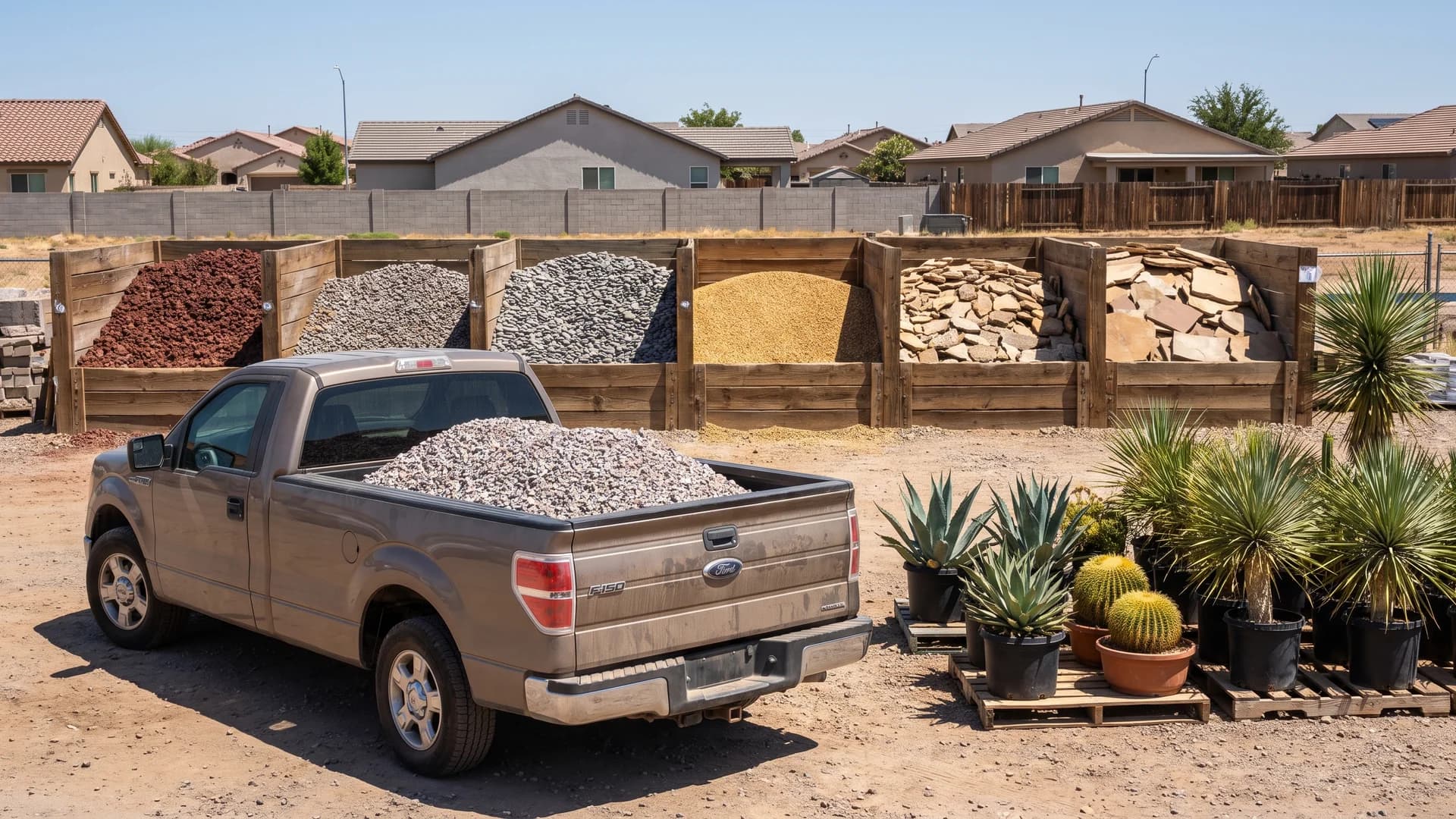 Bulk gravel and native plants loaded from a rock yard for a desert landscape project