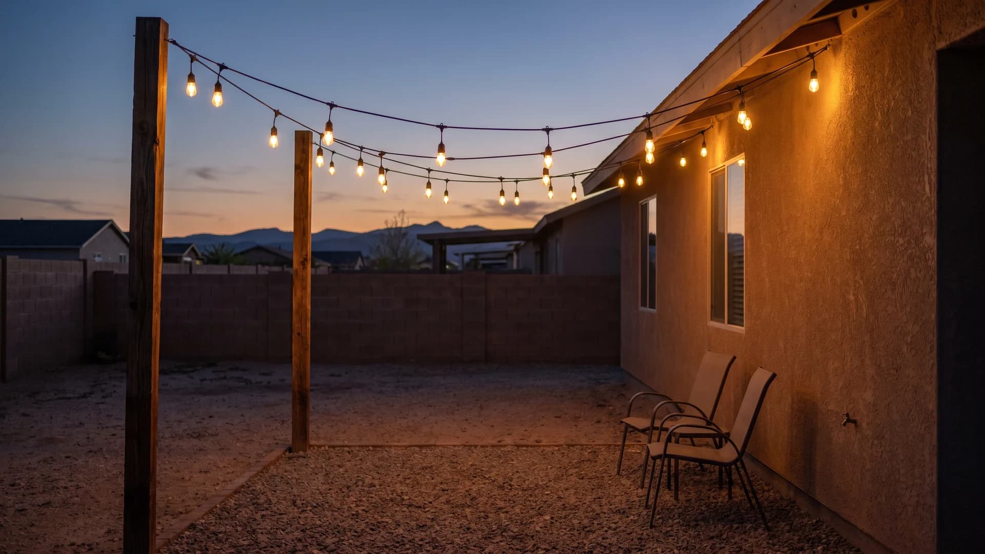 Warm string lights strung above a gravel patio between a pergola post and the house