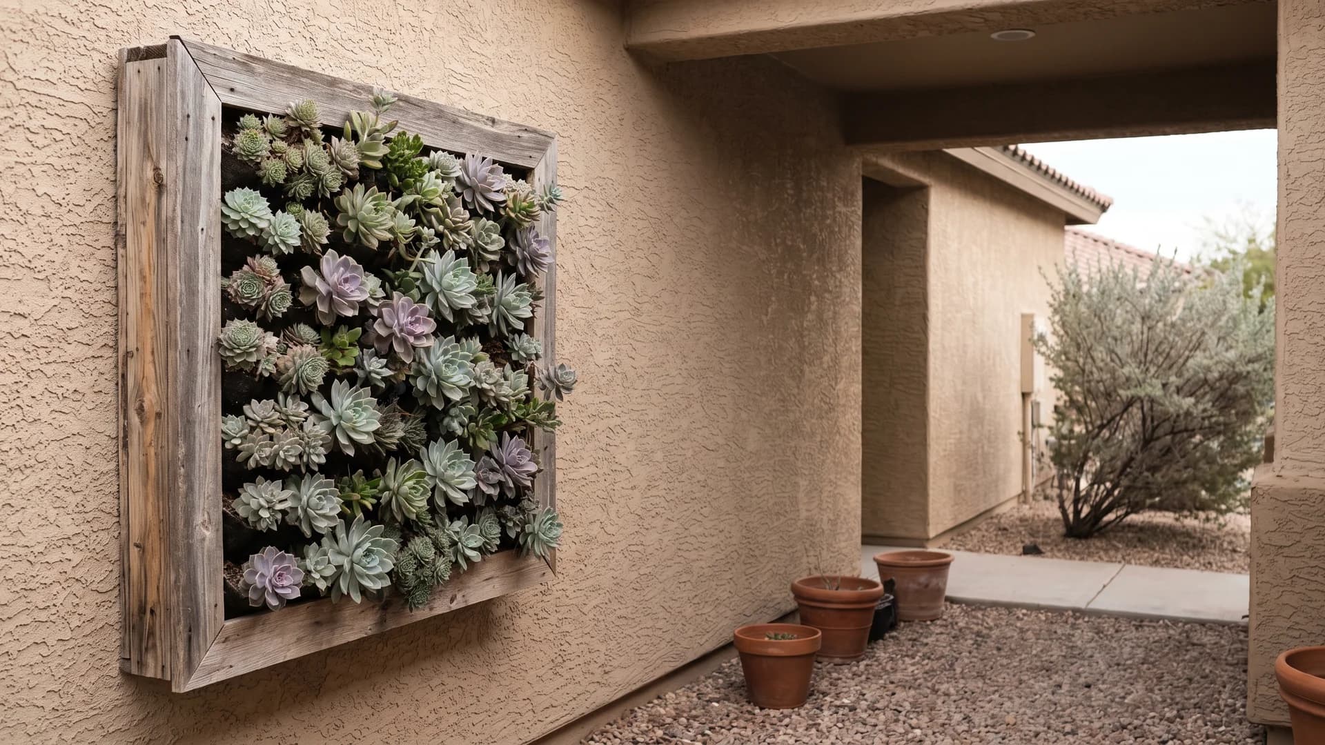 Vertical succulent panel mounted on a shaded courtyard wall