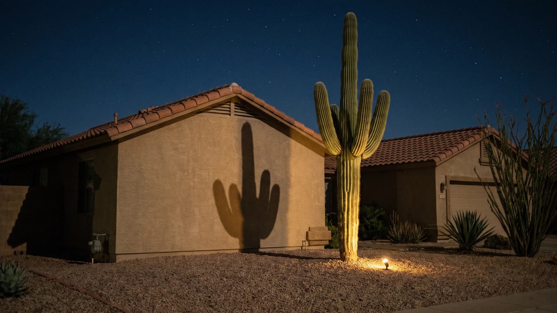 A saguaro uplit from below at night in a gravel front yard