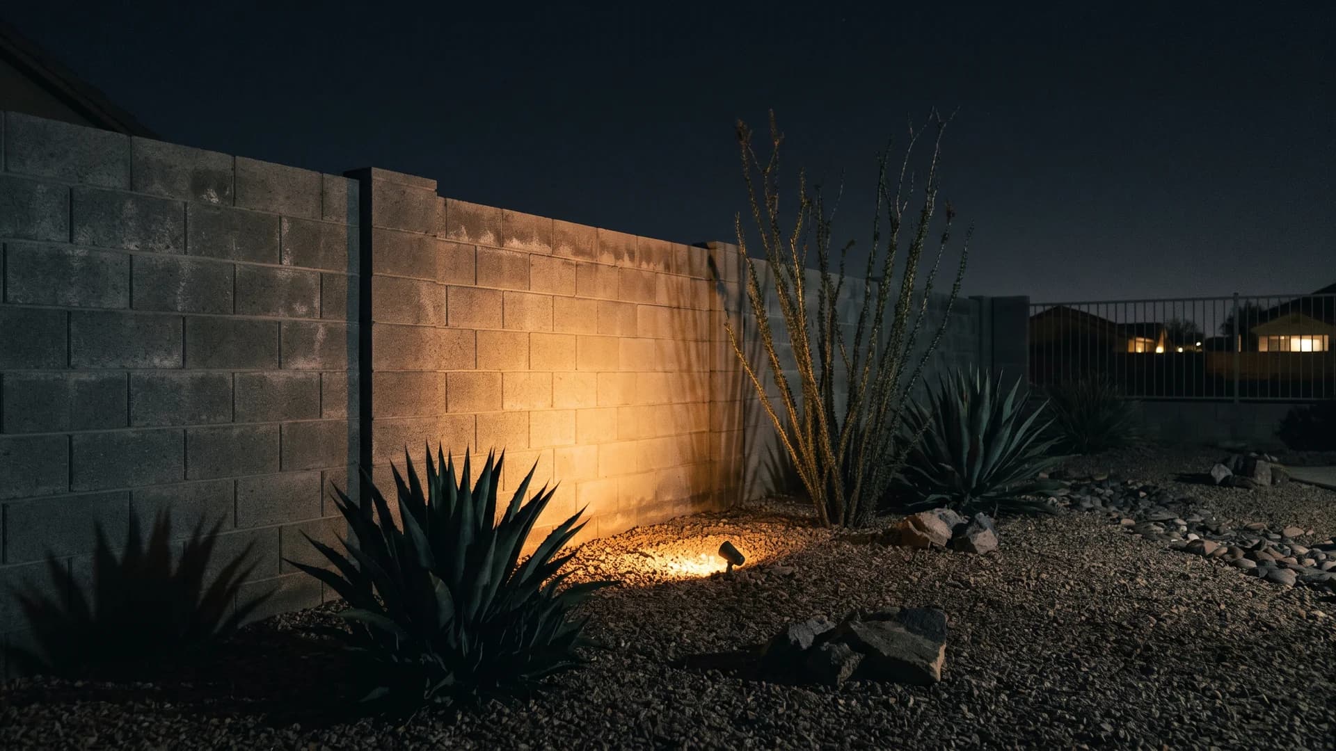 Warm light washing up a concrete block boundary wall behind desert plants
