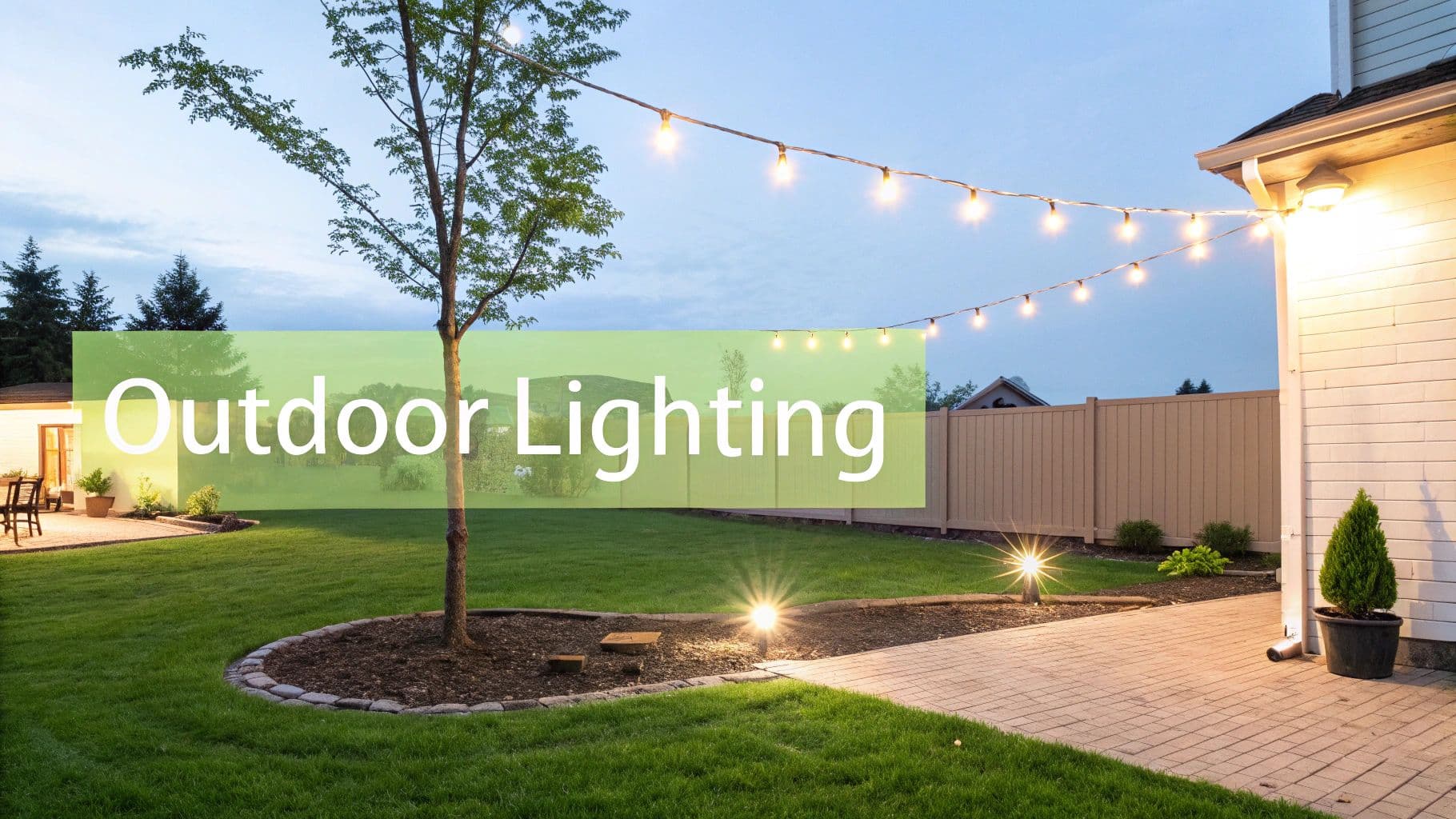 A backyard at dusk featuring string lights, ground spotlights, and a wall light illuminating the patio and lawn.