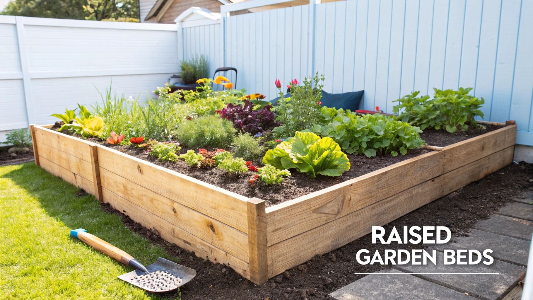 Sunny backyard with a long wooden raised garden bed filled with lush vegetables, herbs, and flowers.