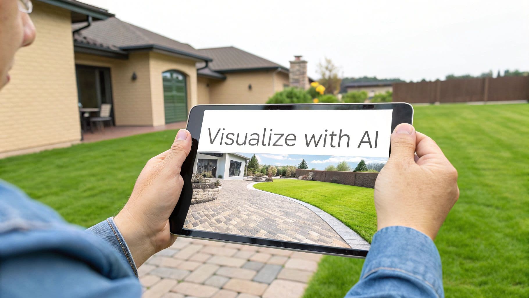 A person uses a tablet to visualize a new hardscape and landscape design for a house backyard with AI.