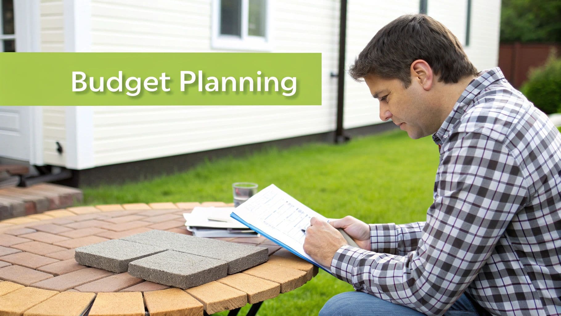 Couple reviewing hardscape design plans in their backyard with a measuring tape and blueprint.