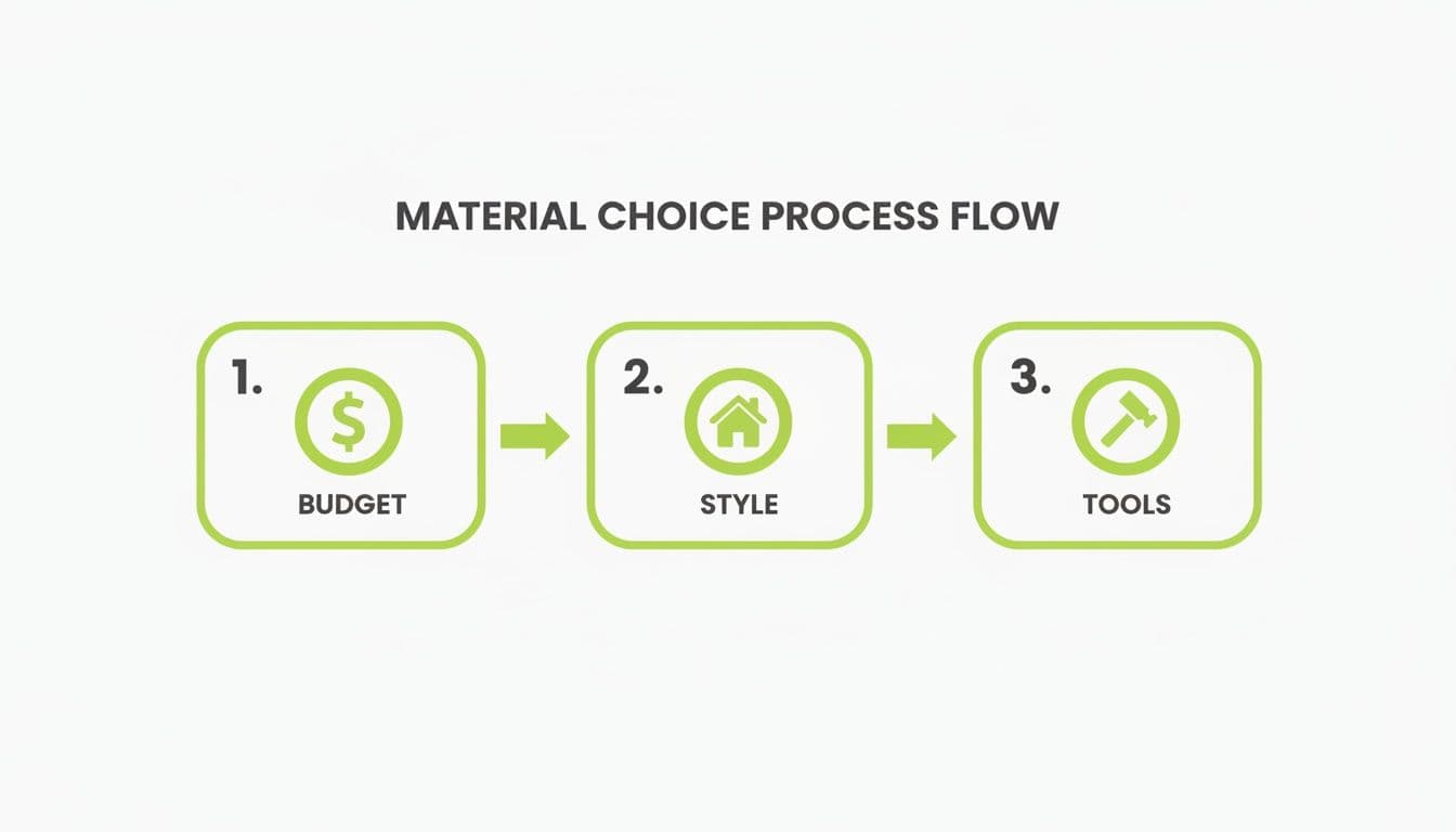 A flow diagram illustrating the material choice process with three sequential steps: Budget, Style, and Tools.
