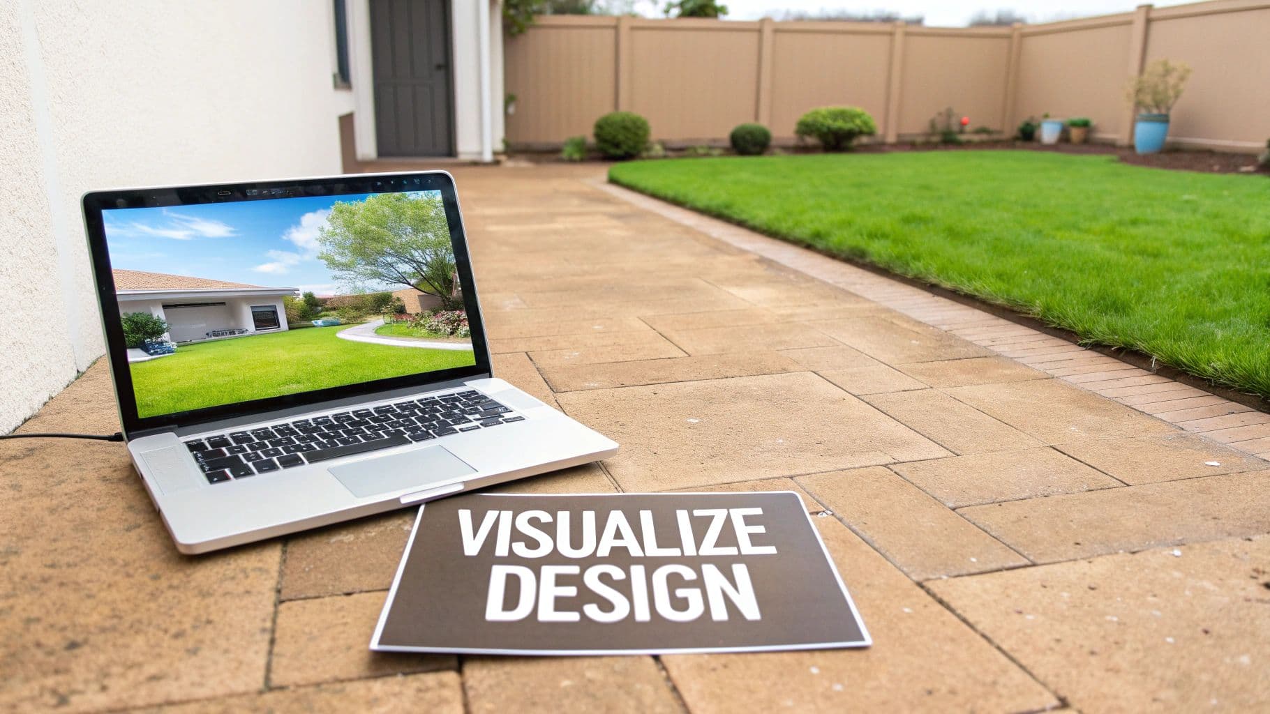 A laptop showing a backyard landscape design, next to a 'VISUALIZE DESIGN' sign on a patio.
