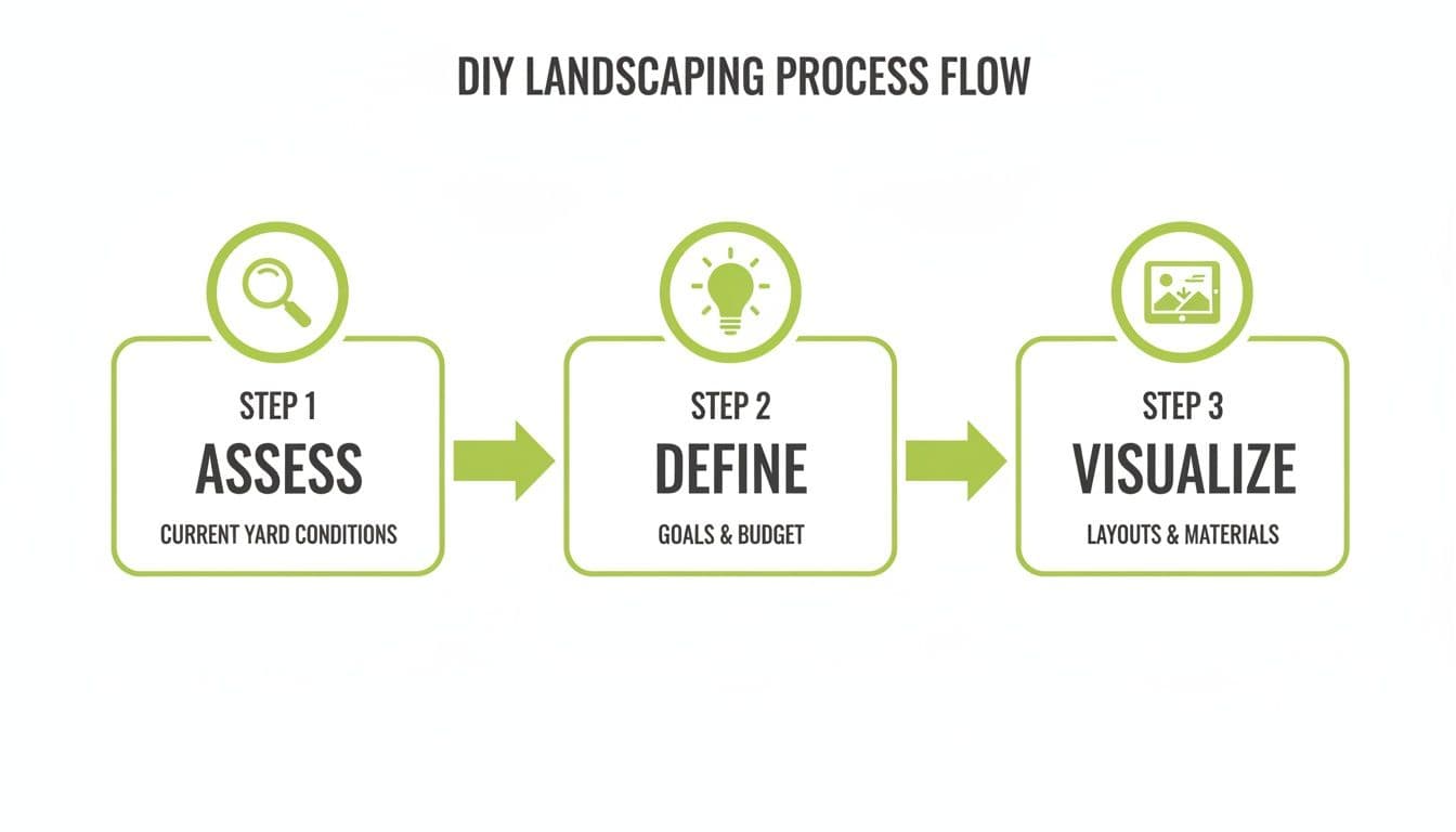A DIY landscaping process flow chart detailing three steps: Assess, Define, and Visualize.