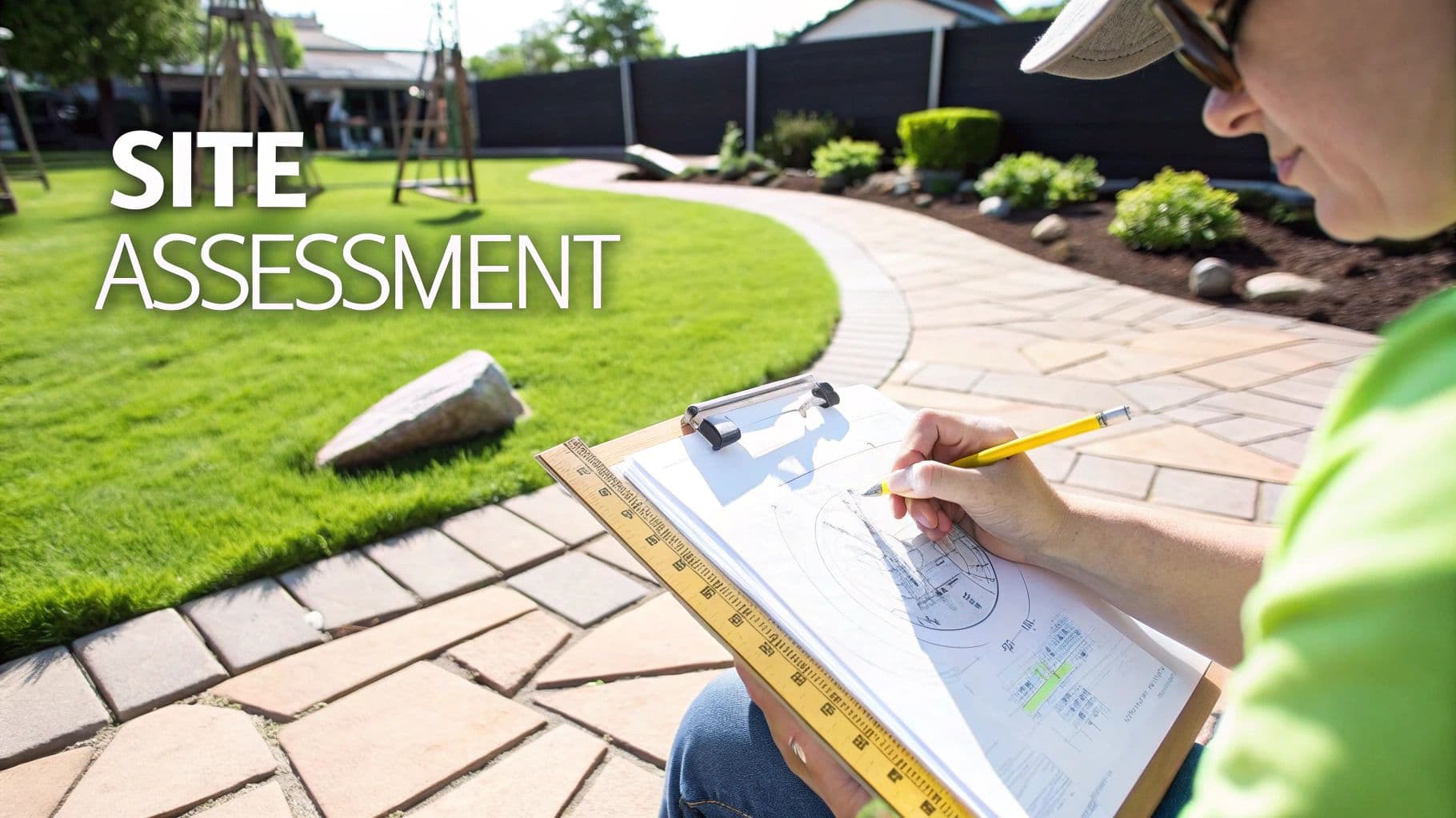 A person drawing a landscape design on a clipboard for a garden site assessment.