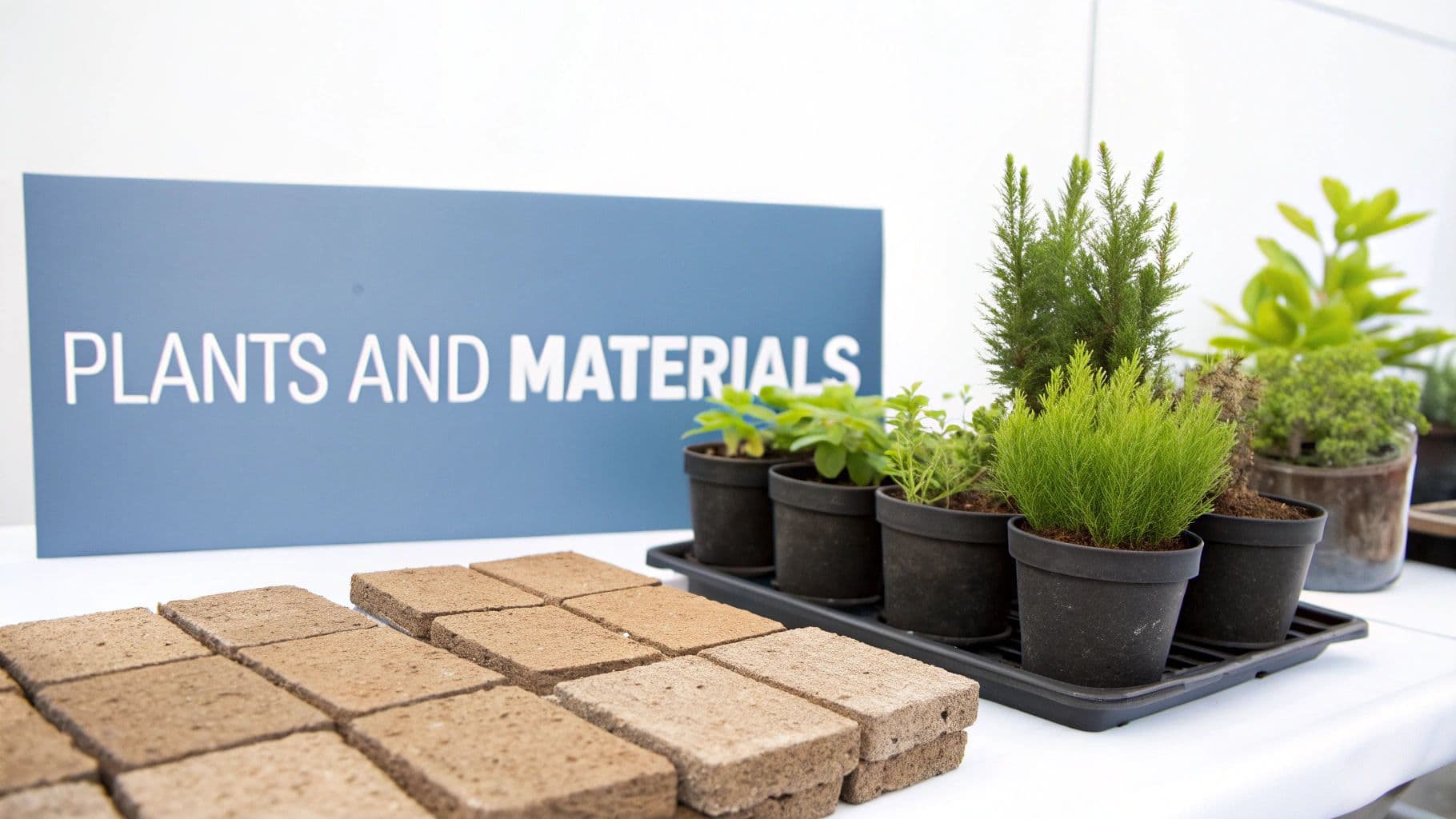 Potted plants and porous brown building blocks displayed next to a 'PLANTS AND MATERIALS' sign.
