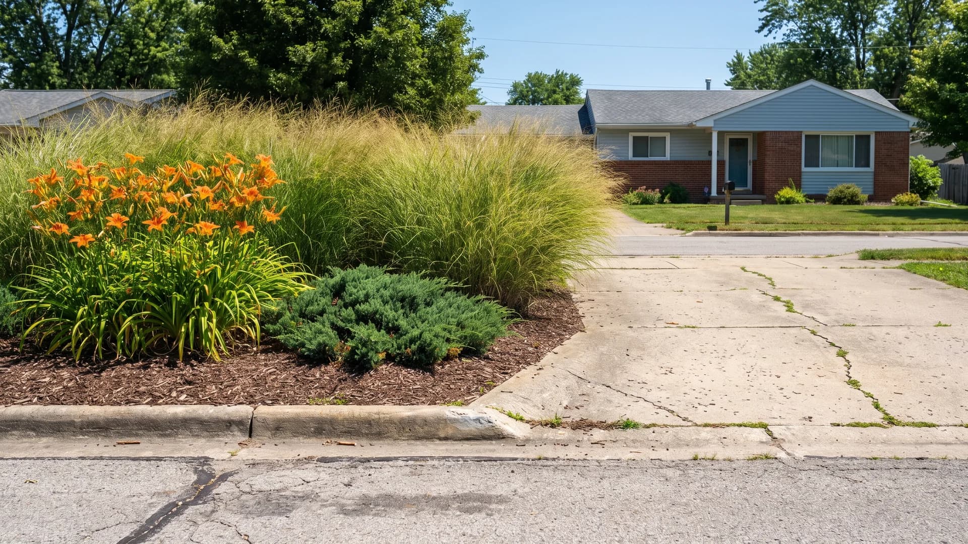 Large single-species drifts of daylilies and grasses in a driveway entrance bed