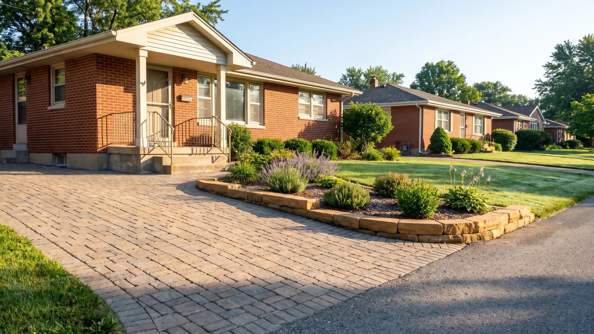 Warm toned stone border beside a paver driveway echoing the brick of the house