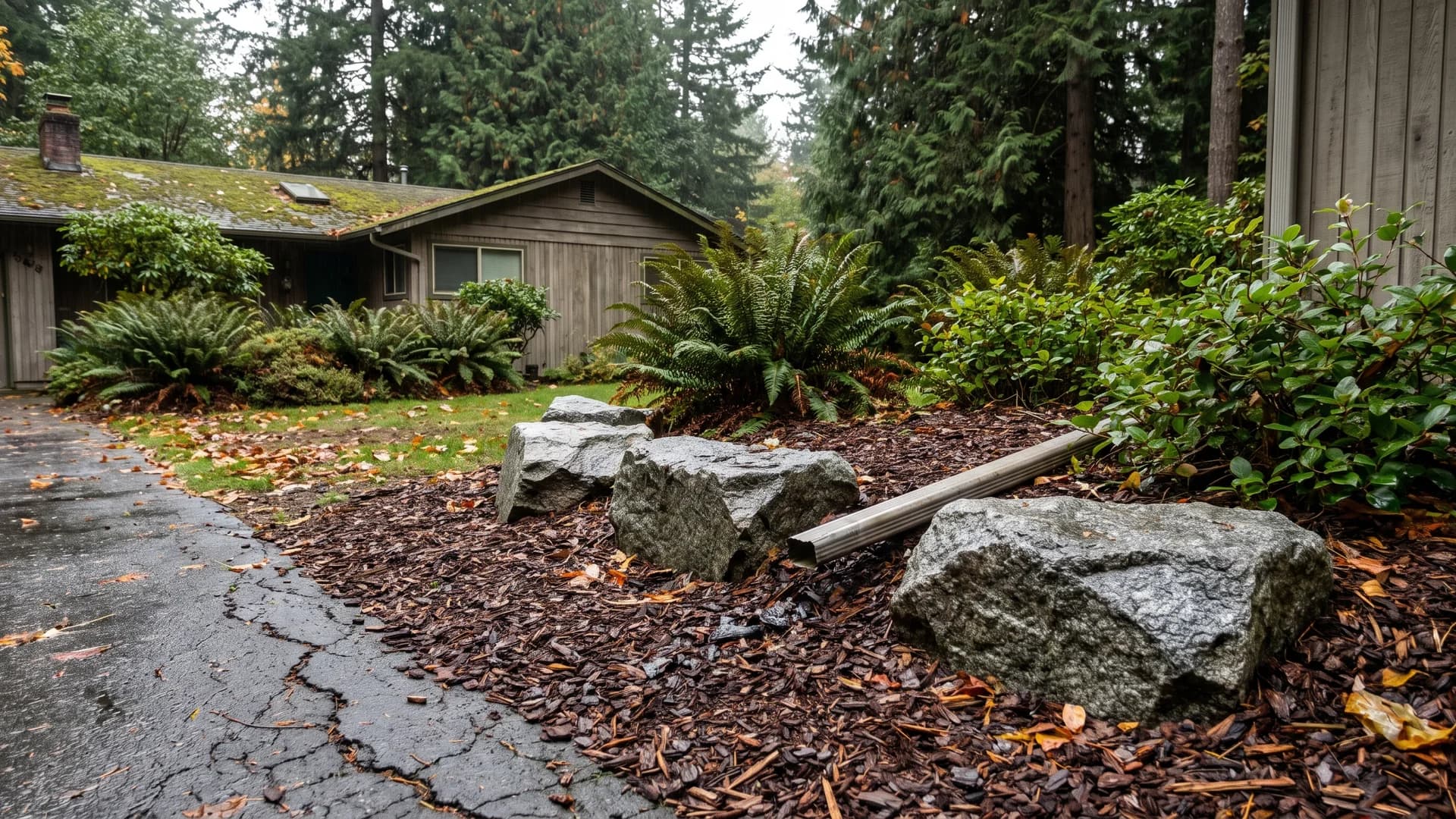 Boulders set into a mulch border beside an asphalt driveway in autumn