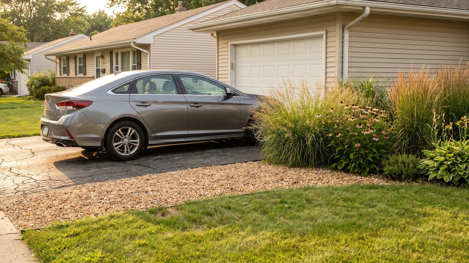 Gravel clearance strip between a parked car and a planted driveway border