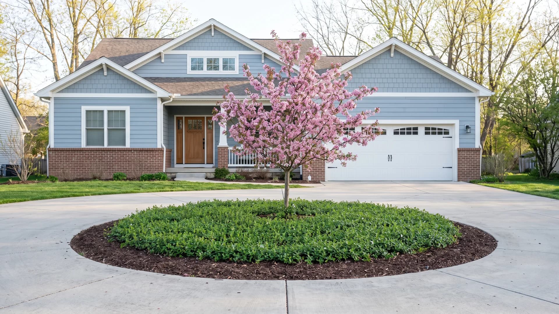 Circular driveway island planted with a single ornamental tree and low groundcover in spring
