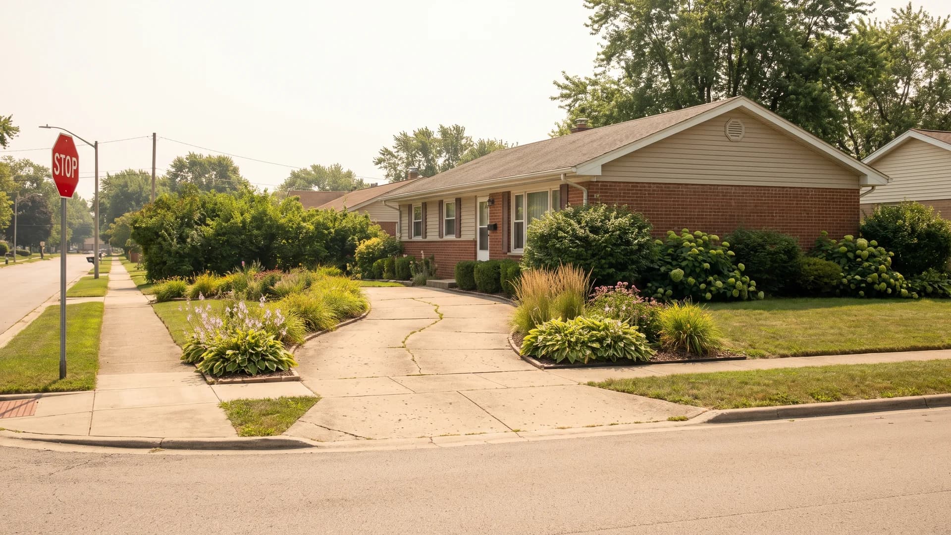 Matching planted borders on both sides of a driveway on a corner lot