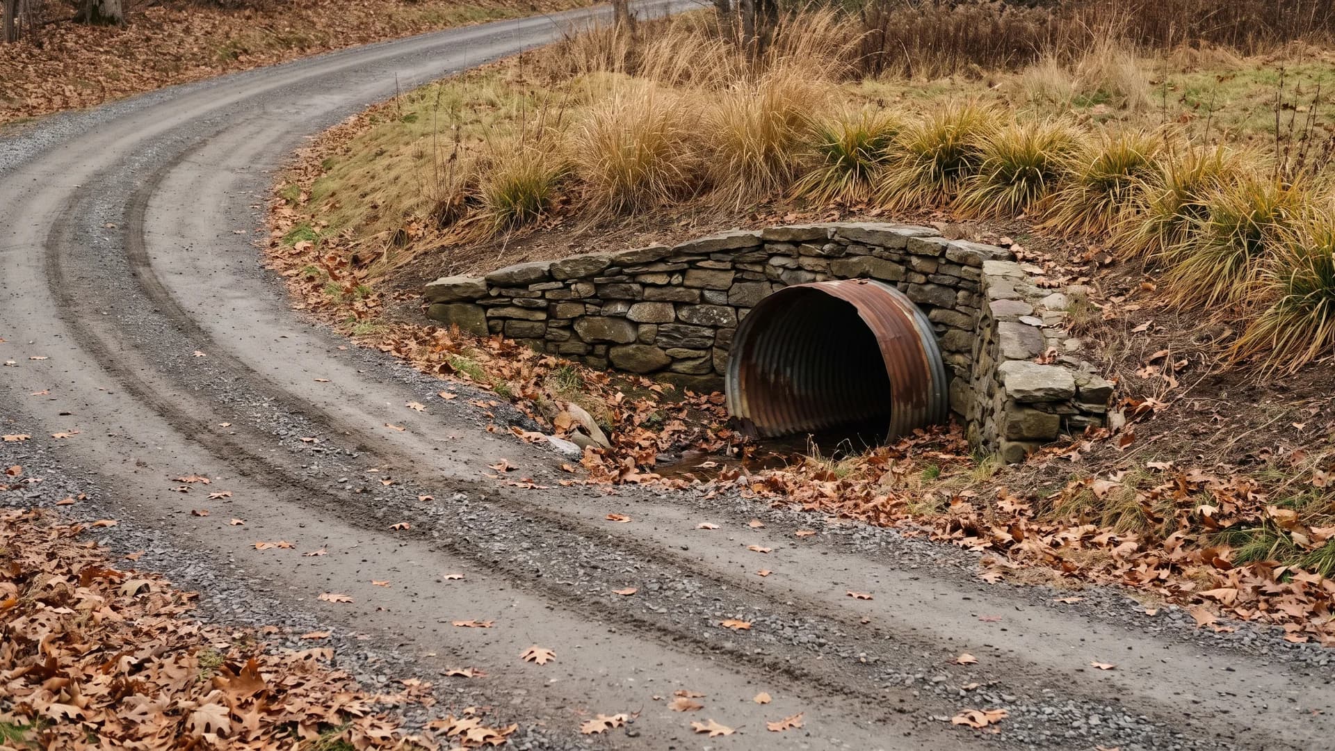 Dry laid stone headwall concealing a culvert pipe at a gravel driveway entrance