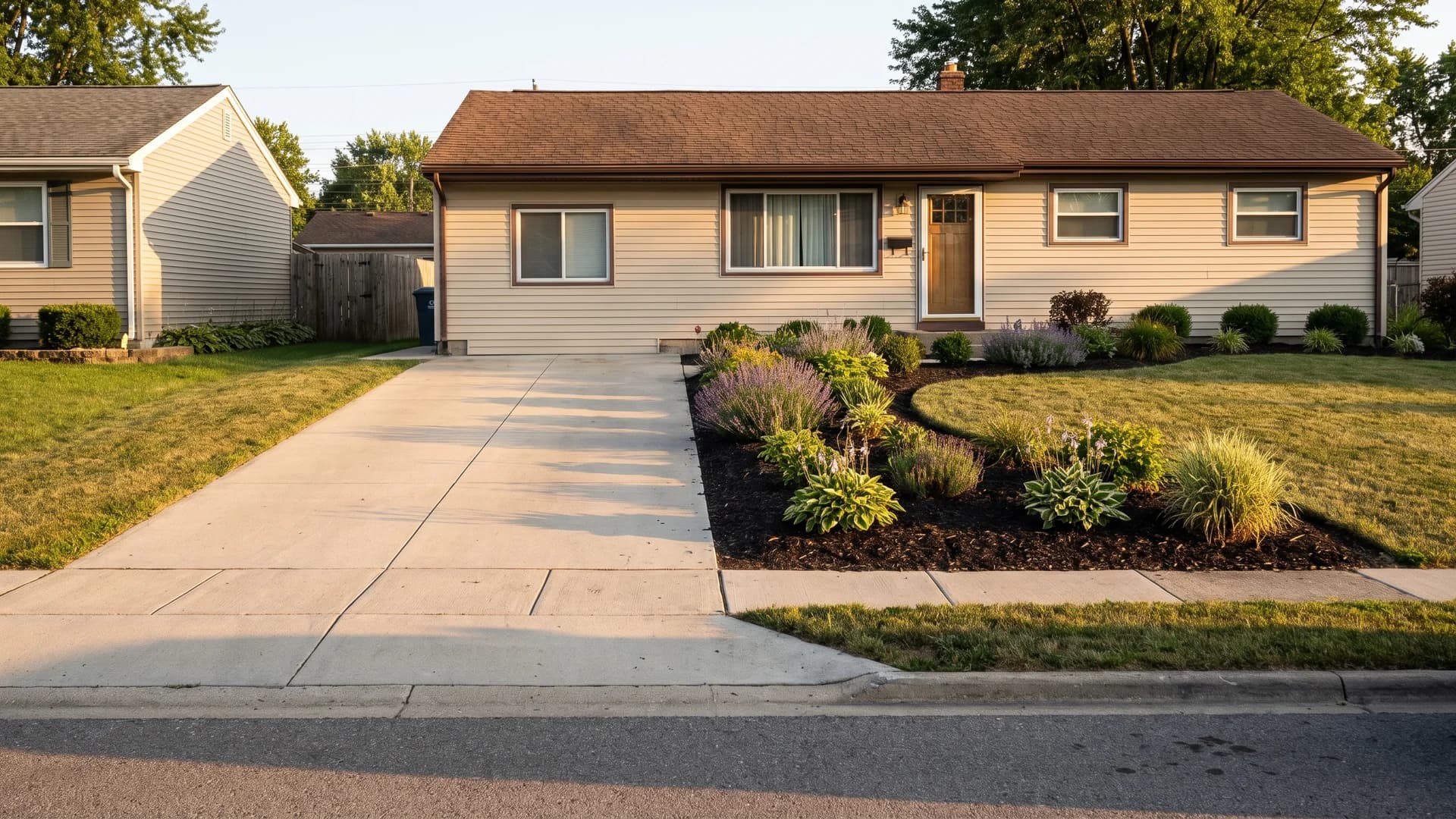 Curved planting bed edge softening a straight concrete driveway at golden hour