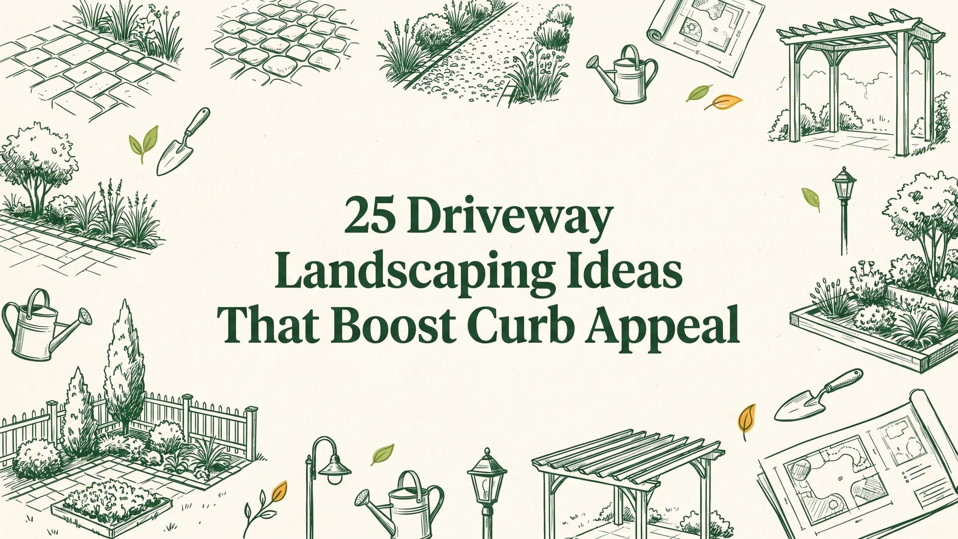 Driveway landscaping ideas with a paver border, low shrubs, and stone entrance pillars along a suburban drive