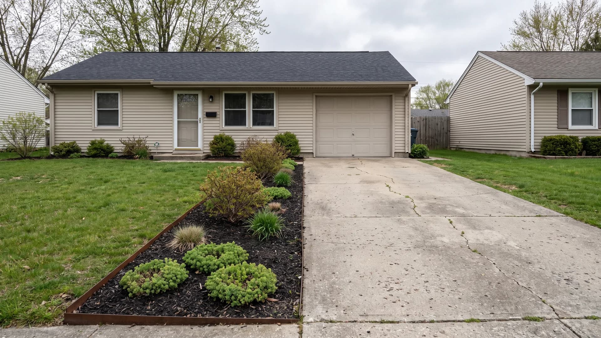 Driveway landscaping ideas along a concrete drive with a four foot planting strip of low shrubs and ornamental grasses