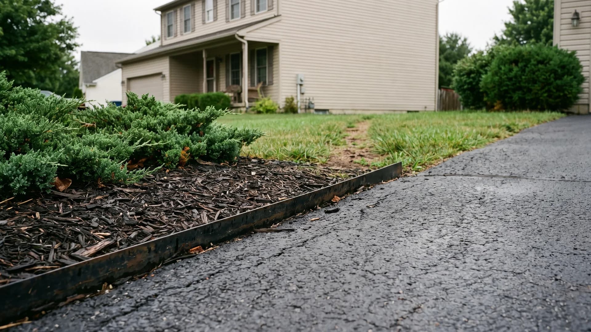 Steel edging separating a mulch border from an asphalt driveway