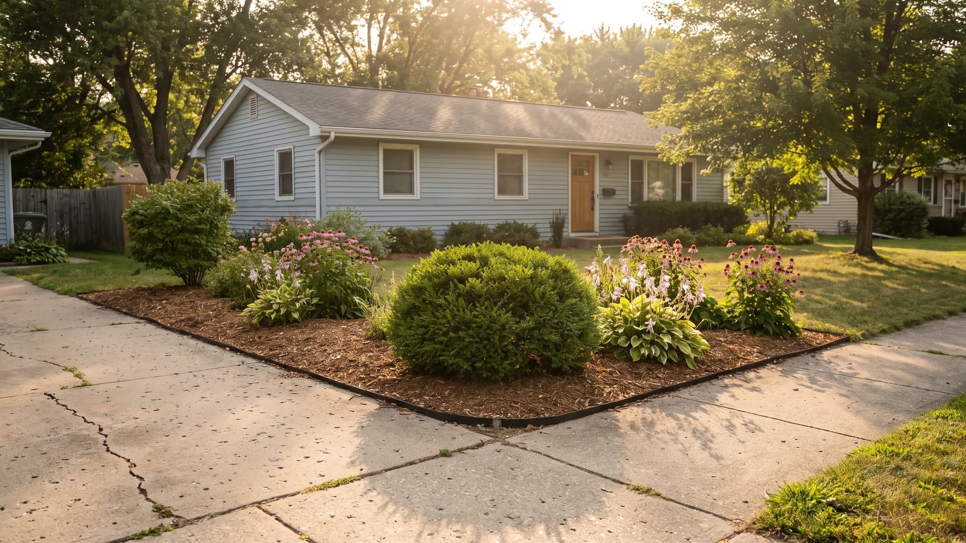 Planted corner where a concrete driveway meets the front walk of a house