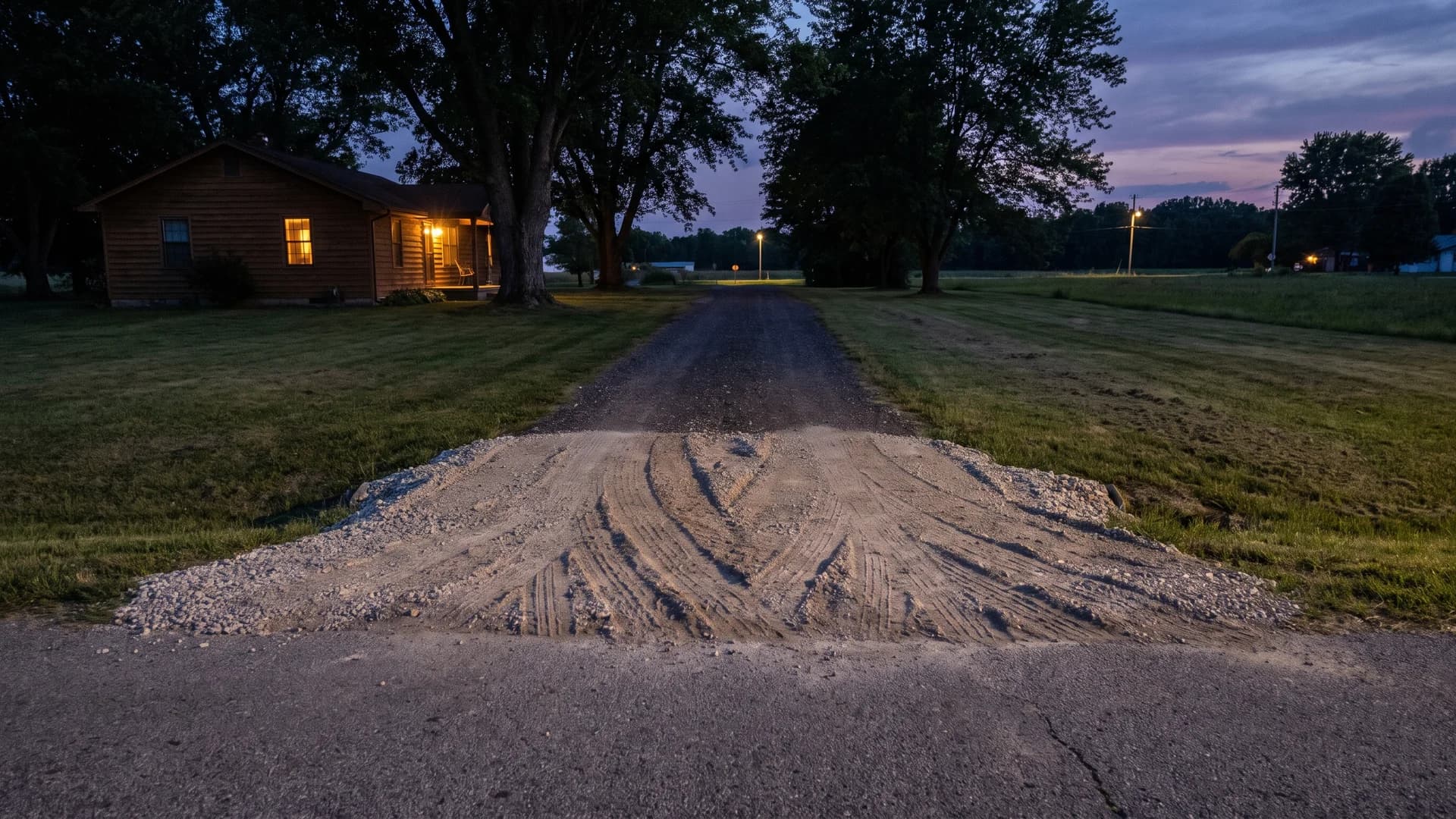 Compacted gravel apron widening the end of a driveway at dusk with lawn on both sides