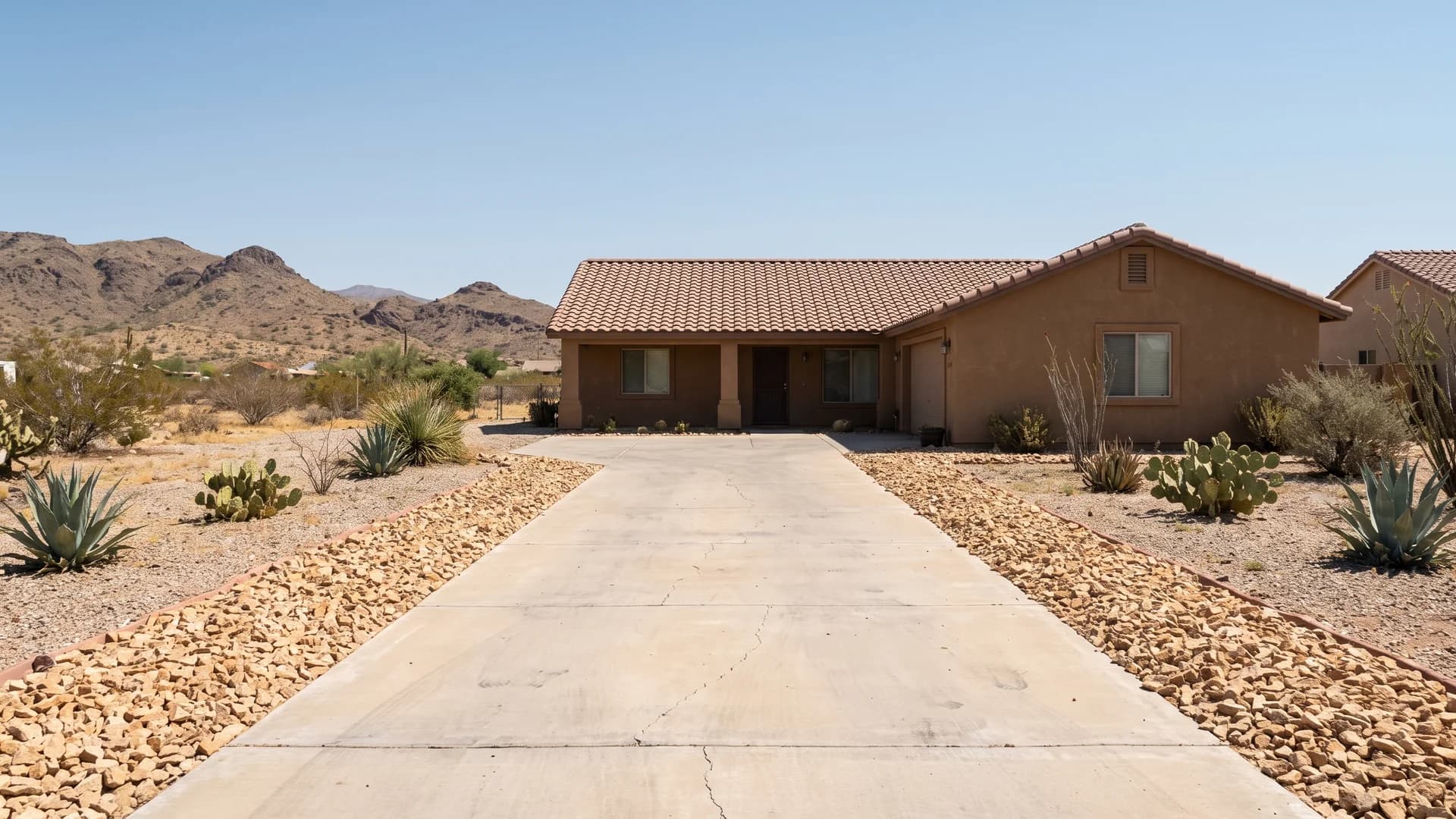 Crushed gravel band edging a concrete driveway in a hot dry southwestern yard