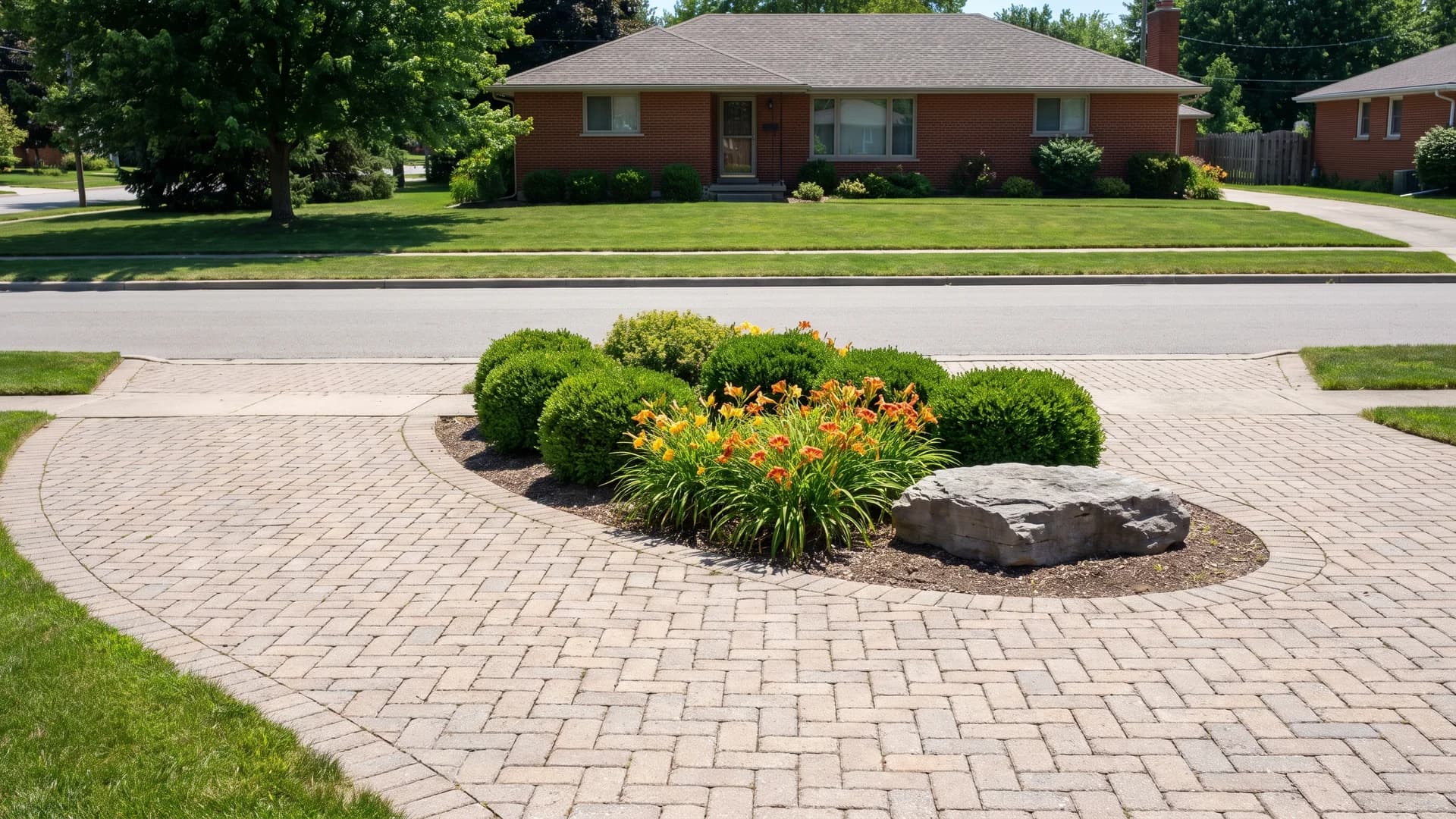 Low planted island inside a half circle paver driveway with two street openings
