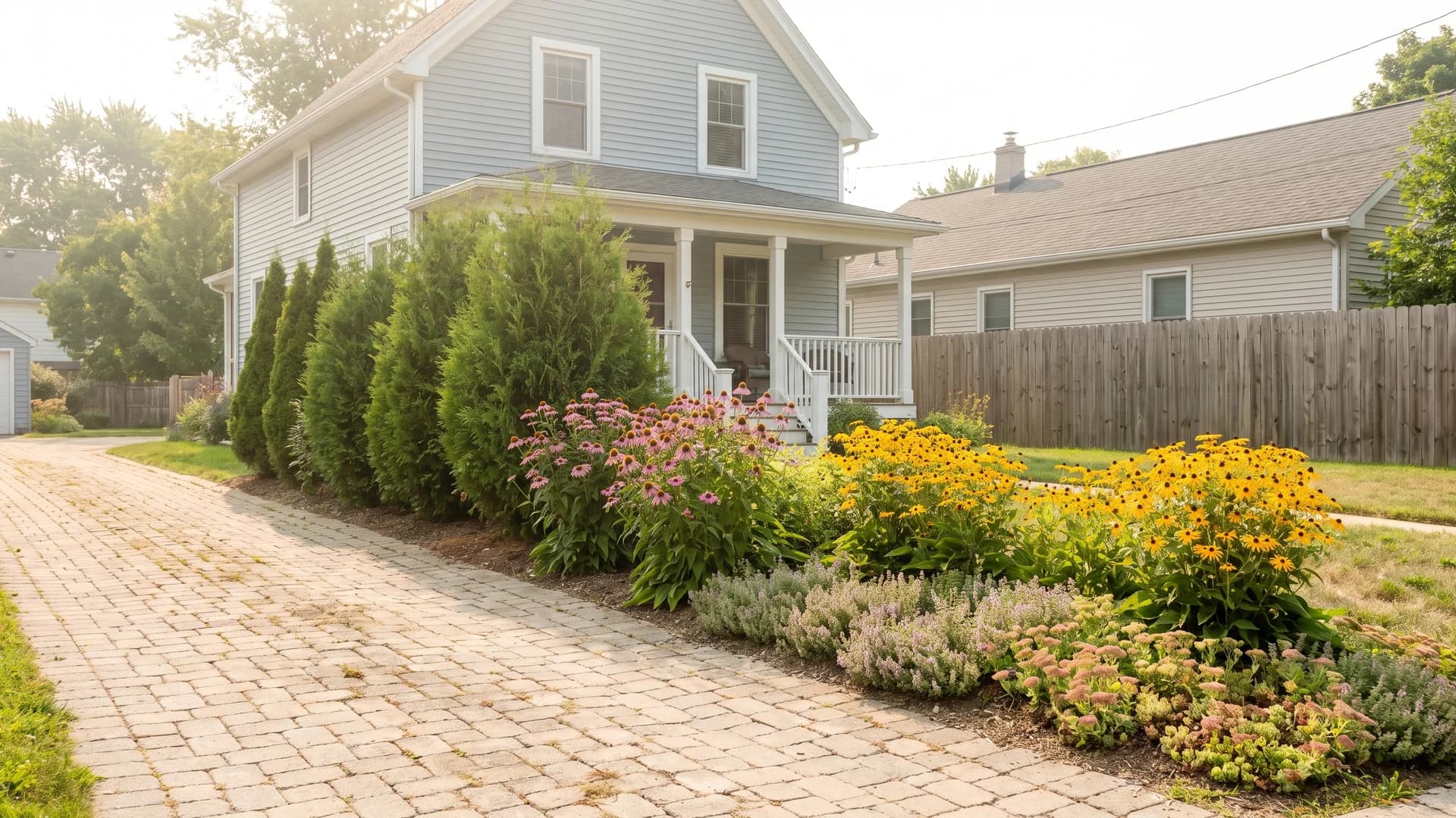Layered driveway border with tall shrubs, mid-height perennials, and low groundcover beside a paver drive