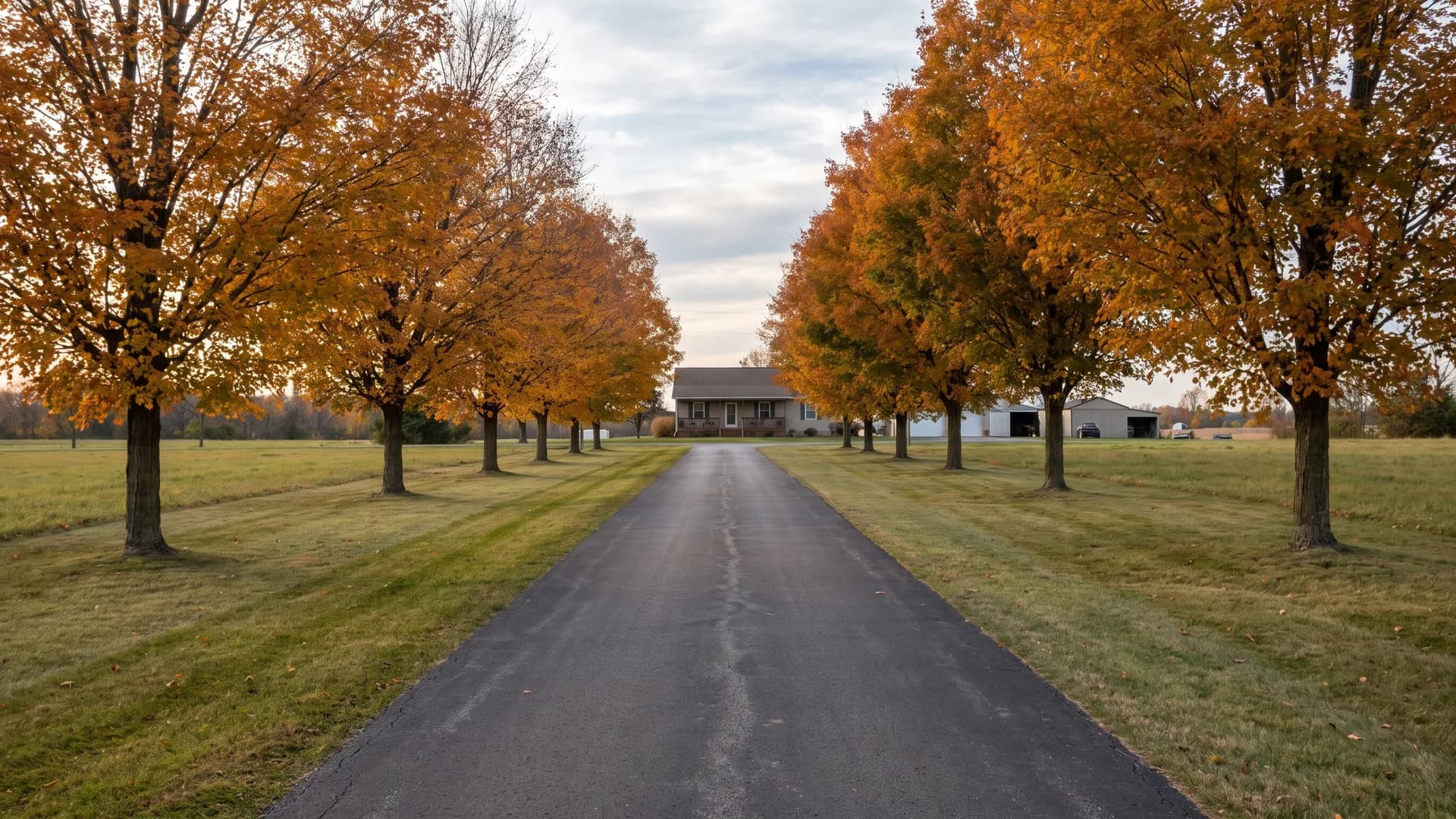 Maple trees planted at even spacing along both sides of a long asphalt driveway in autumn
