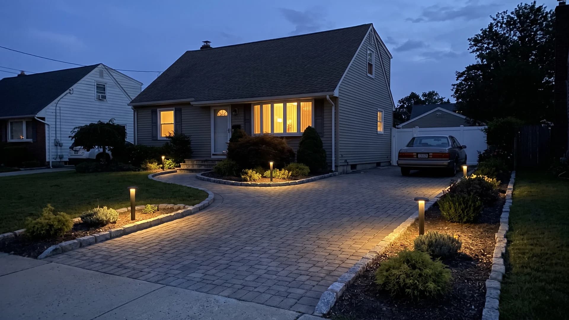 Low warm bollard lights spaced along a paver driveway at dusk