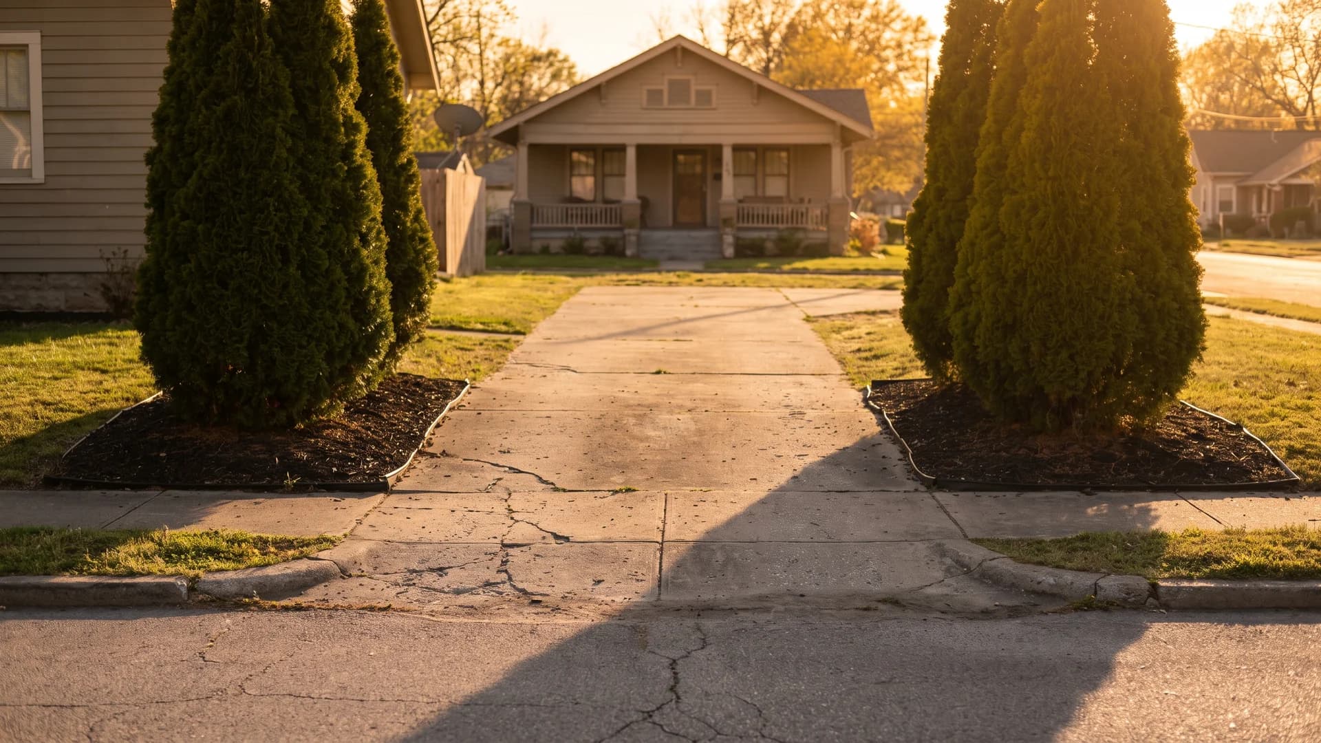 Two matching upright shrubs flanking the entrance to a residential driveway in evening light