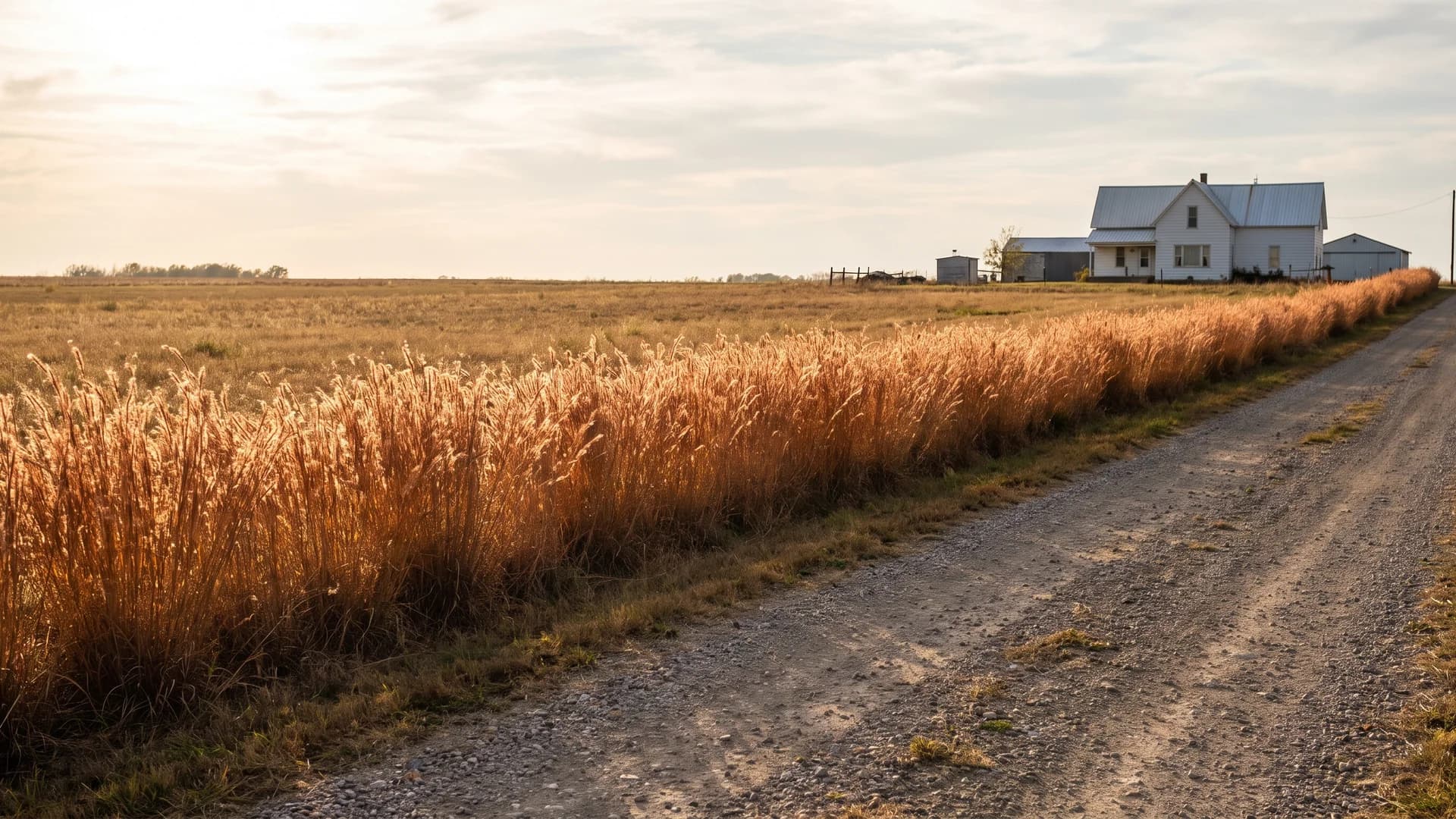 Little bluestem repeated in a long row beside a gravel driveway in autumn