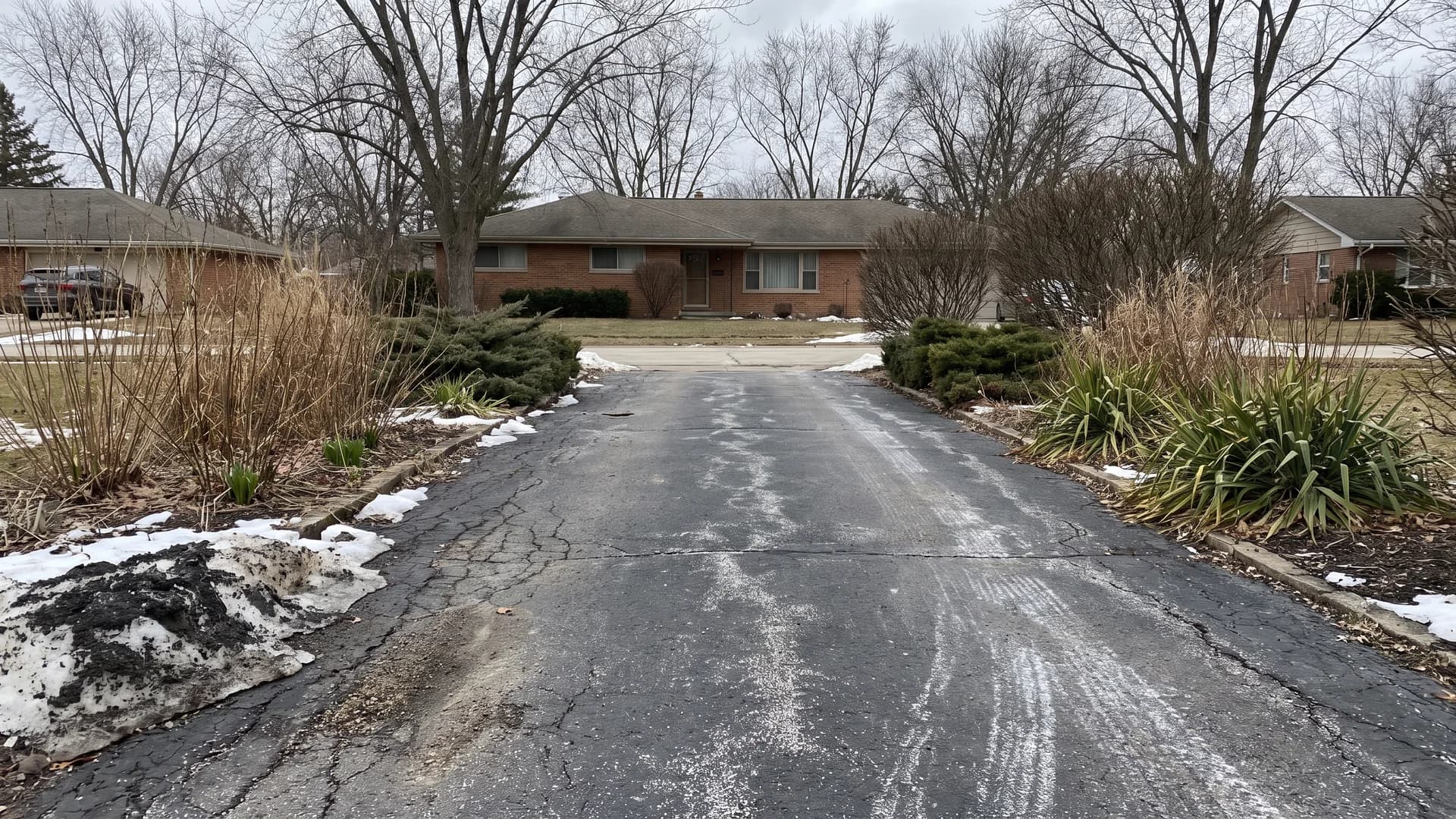 Daylilies and juniper edging an asphalt driveway in early spring with snow melting at the pavement