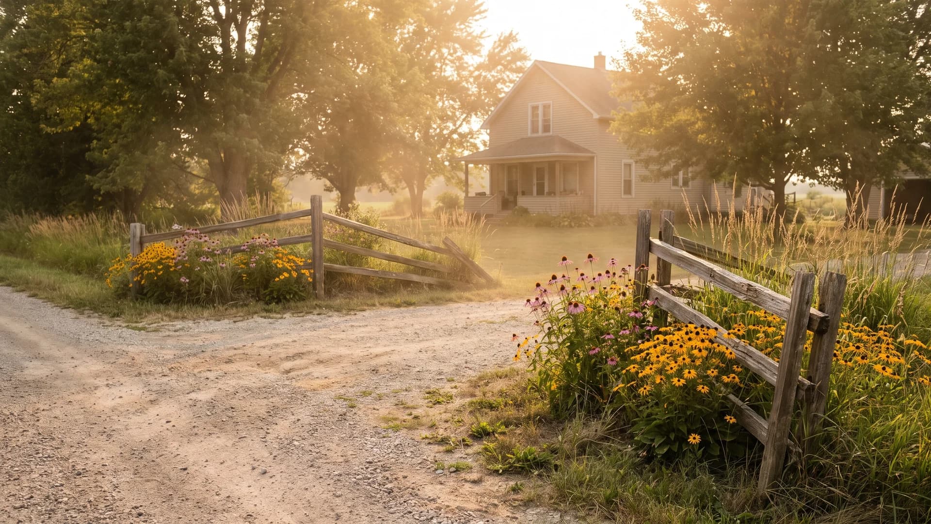 Split rail fence and wildflowers framing a gravel country driveway entrance in late summer