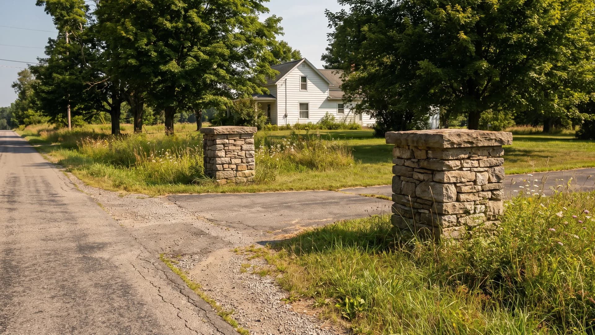 Low dry stacked stone pillars flanking a rural asphalt driveway entrance
