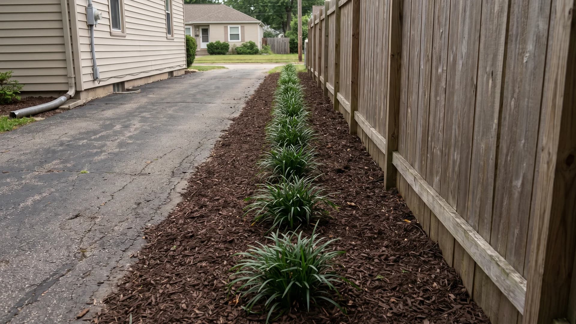 Narrow gravel and liriope strip replacing a grass ribbon beside an asphalt driveway