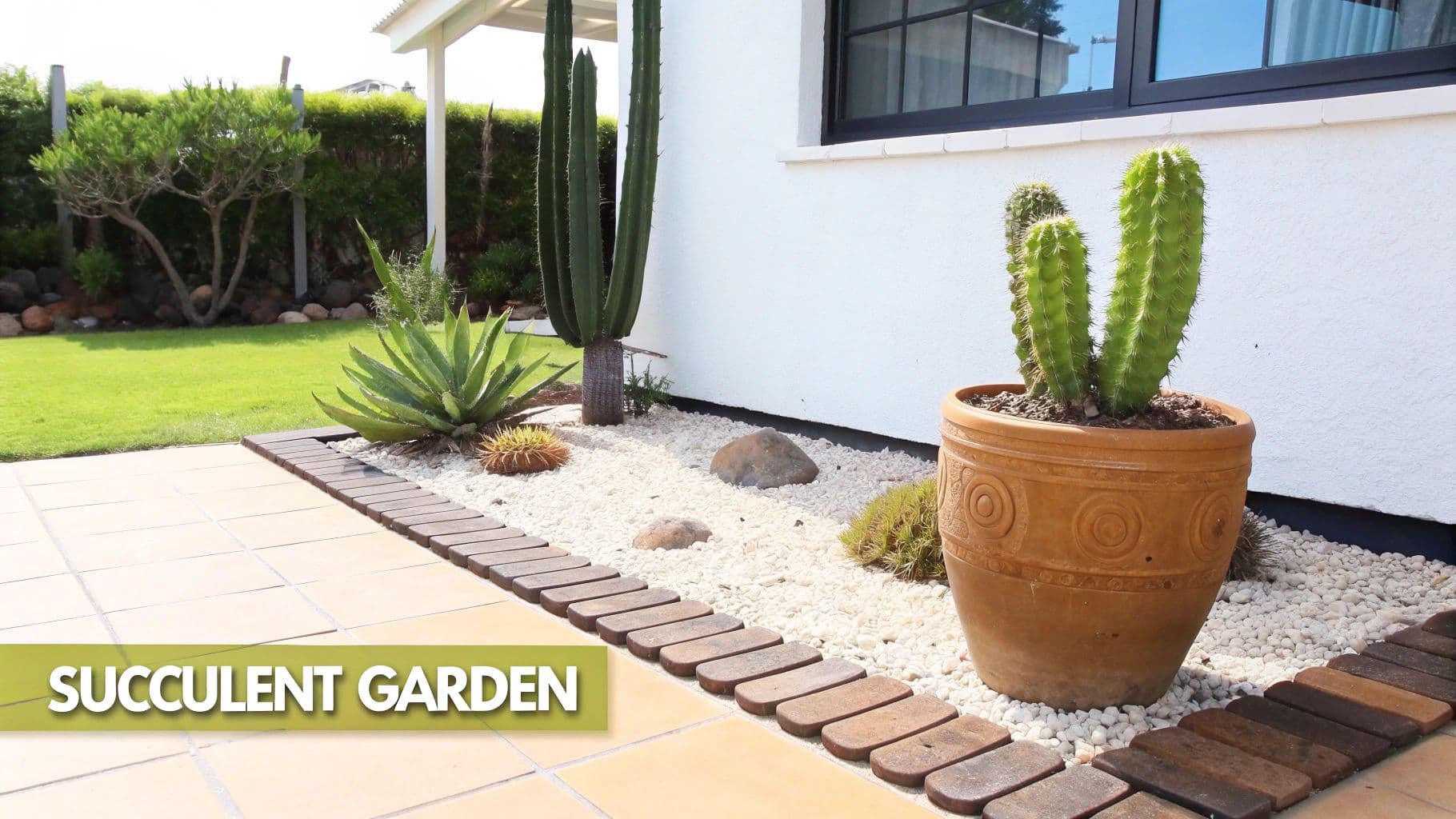 A beautiful drought-tolerant succulent garden featuring cacti and agave plants, white pebbles, and a tiled patio.