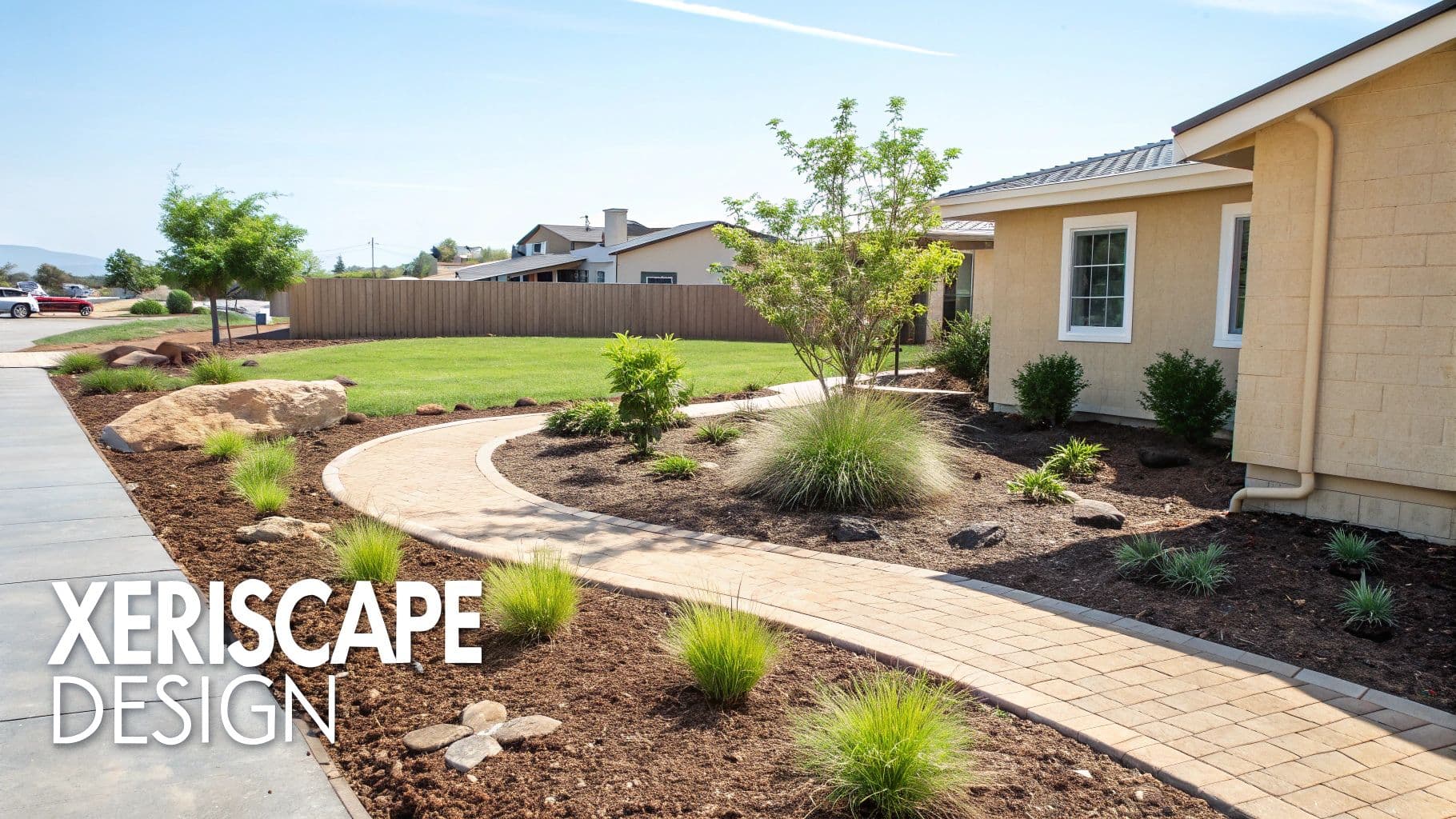 A beautifully designed xeriscape garden with a curved path, drought-tolerant plants, and large rocks next to a beige house.