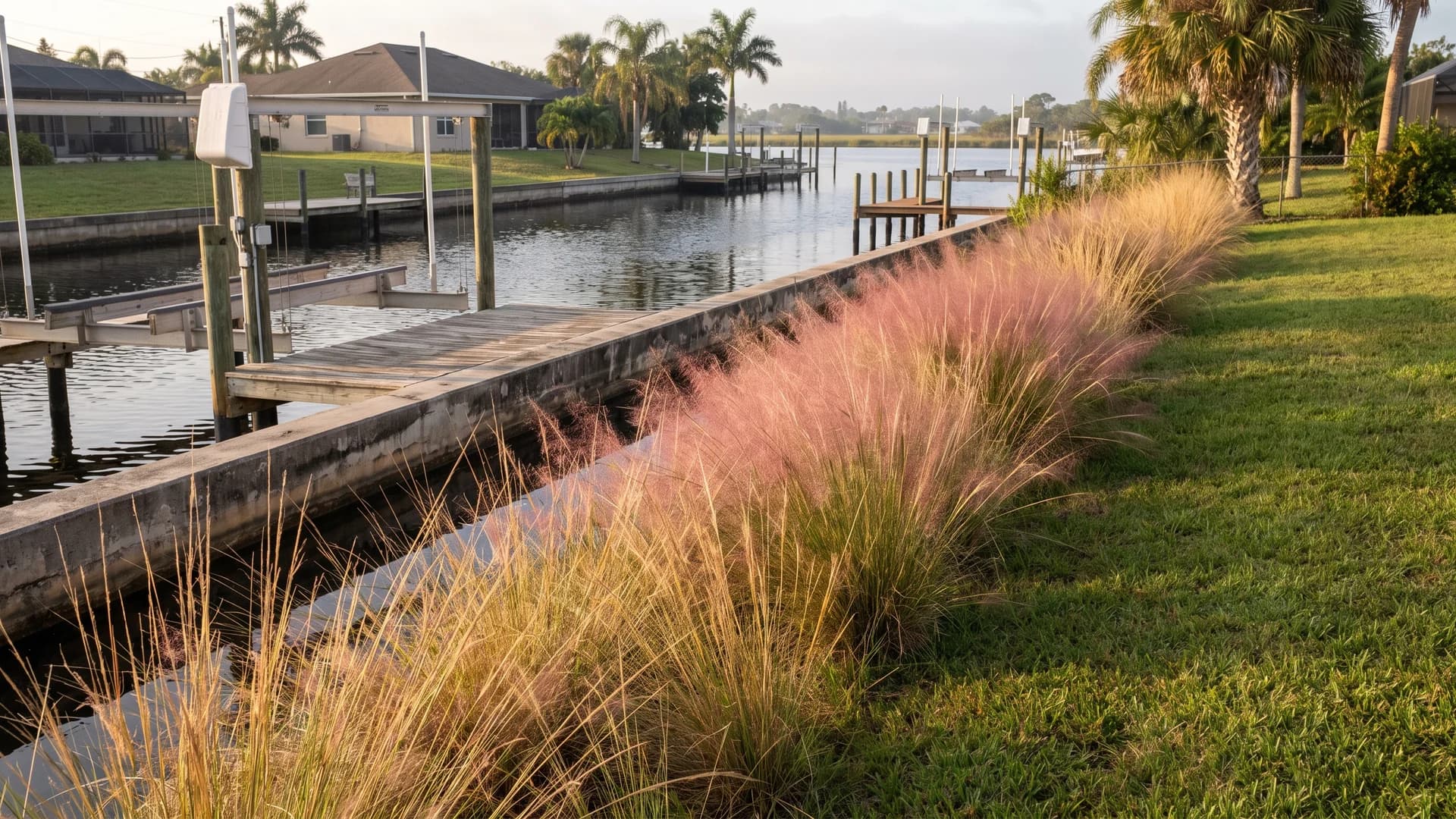 Muhly grass and cordgrass buffer planted along a residential canal seawall