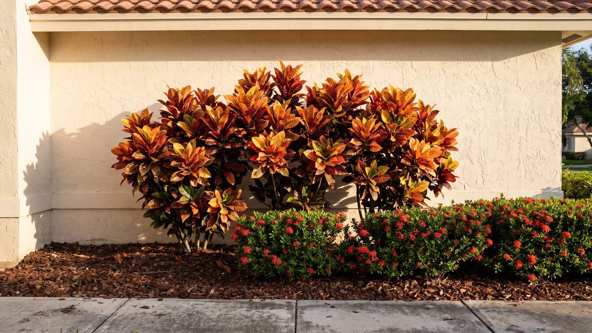 Croton and dwarf ixora planting bed with orange and red foliage beside a stucco wall